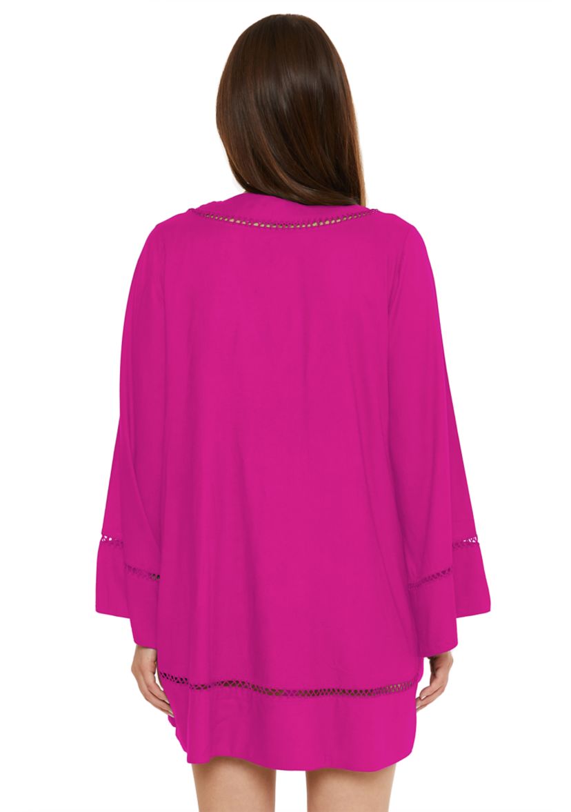 Long Sleeve Solid Swing Swim Cover Up Dress with Ladder Stitch