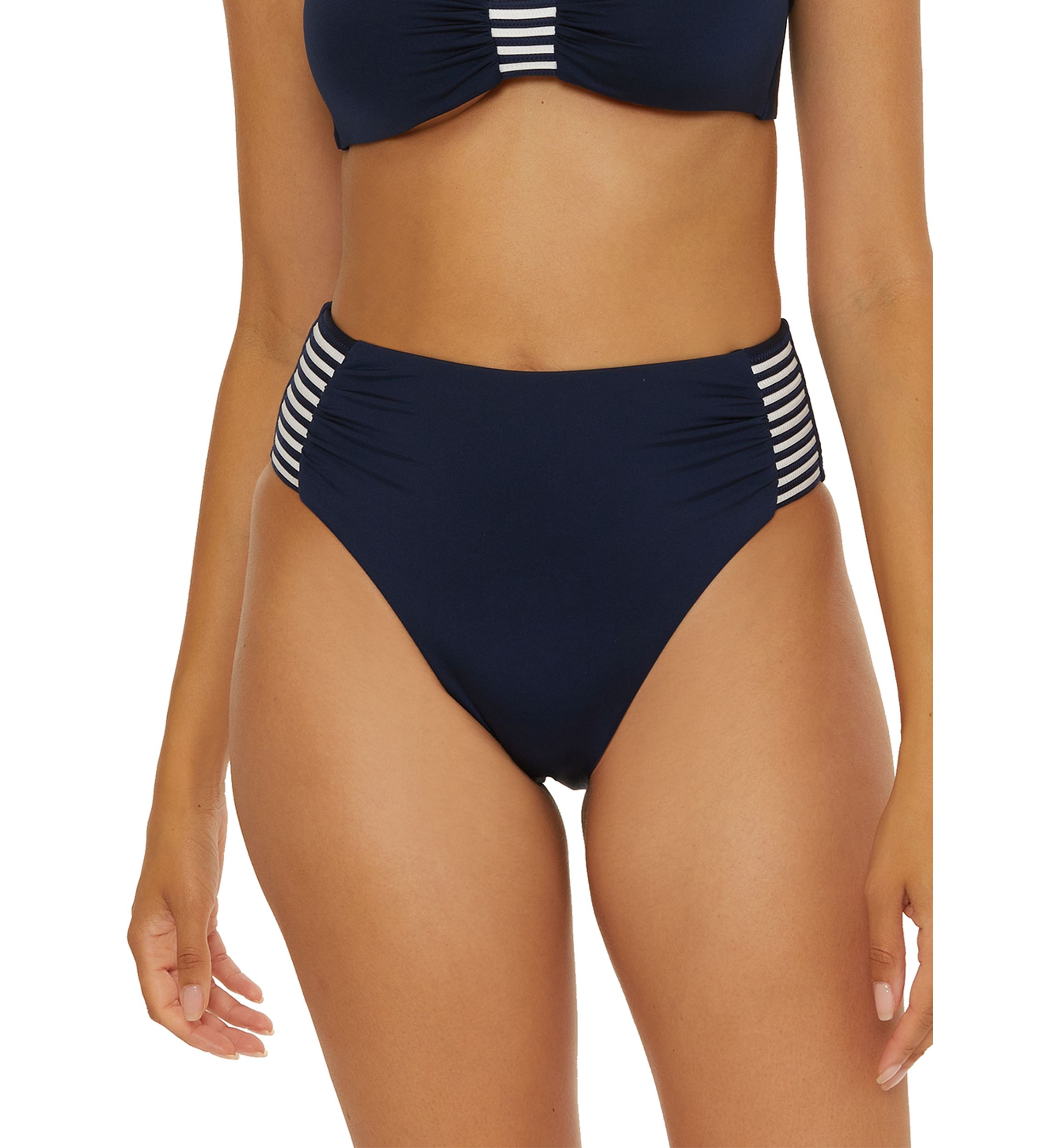 Solid Monaco Stripe Tab High Waist Swim Bottoms