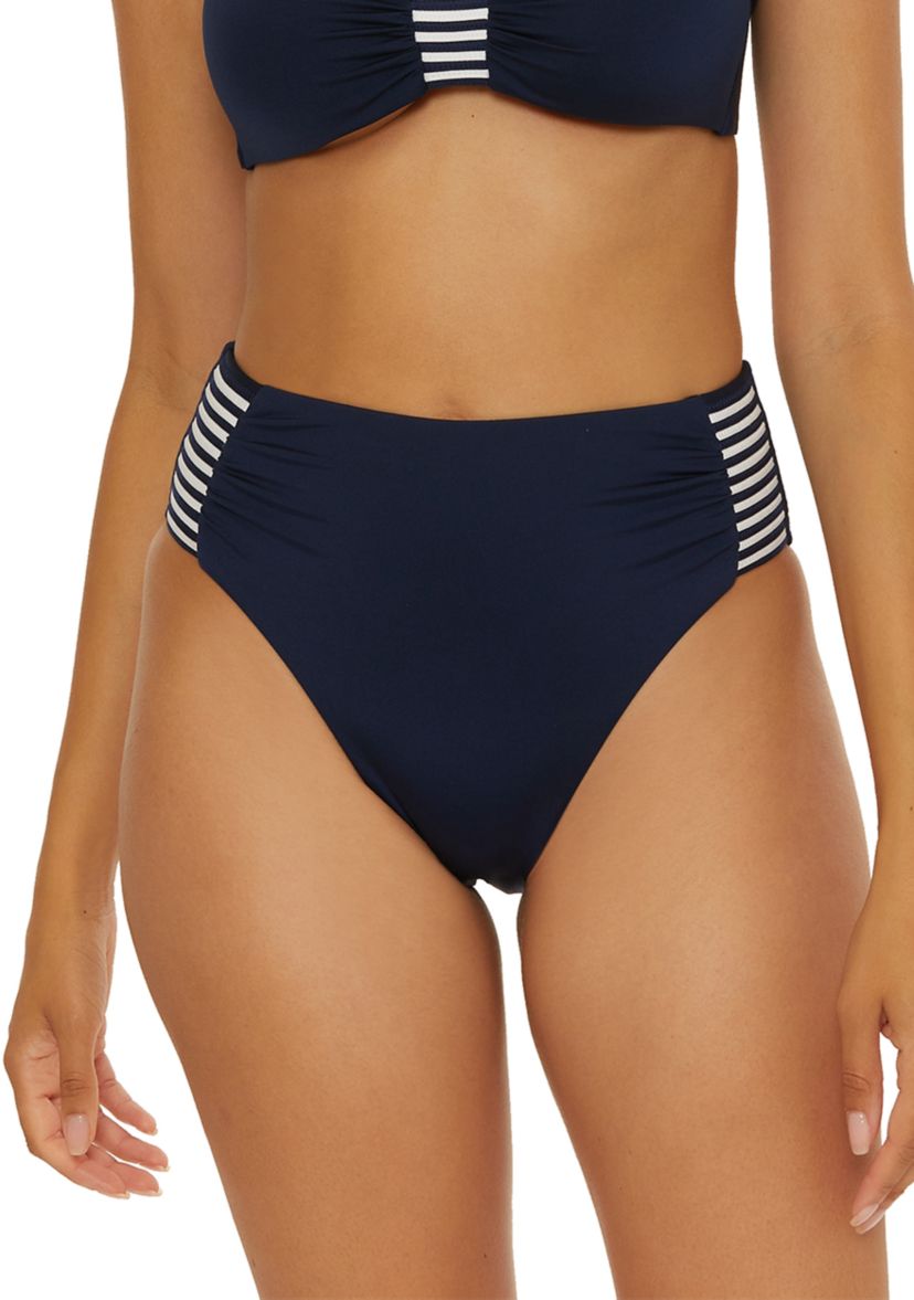 Solid Monaco Stripe Tab High Waist Swim Bottoms