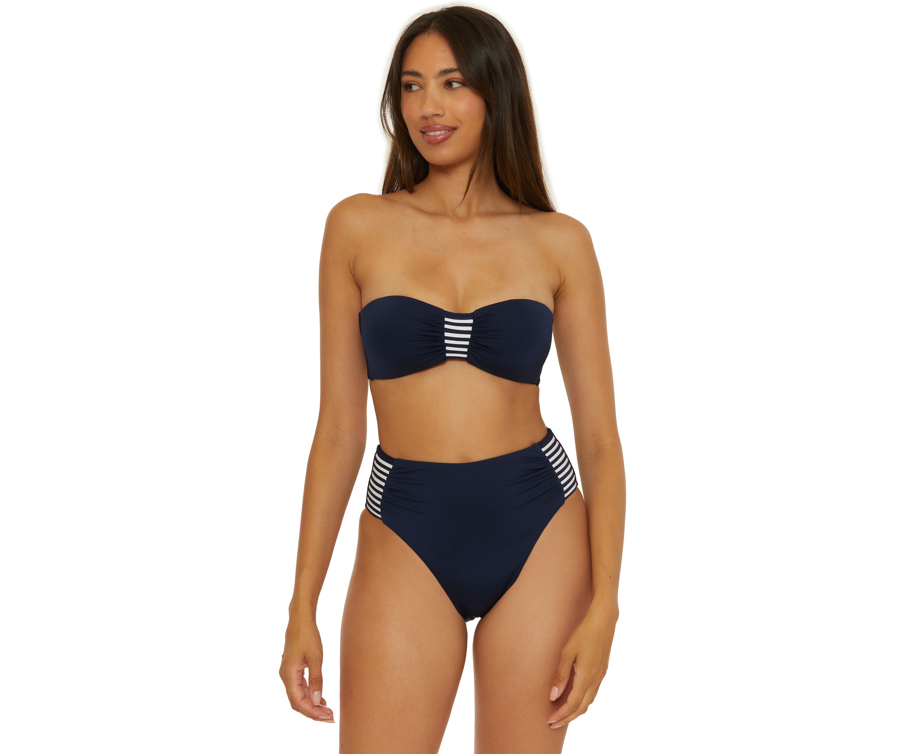 Solid Monaco Stripe Tab High Waist Swim Bottoms
