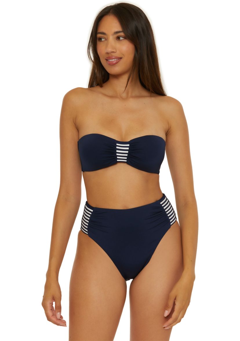 Solid Monaco Stripe Tab High Waist Swim Bottoms