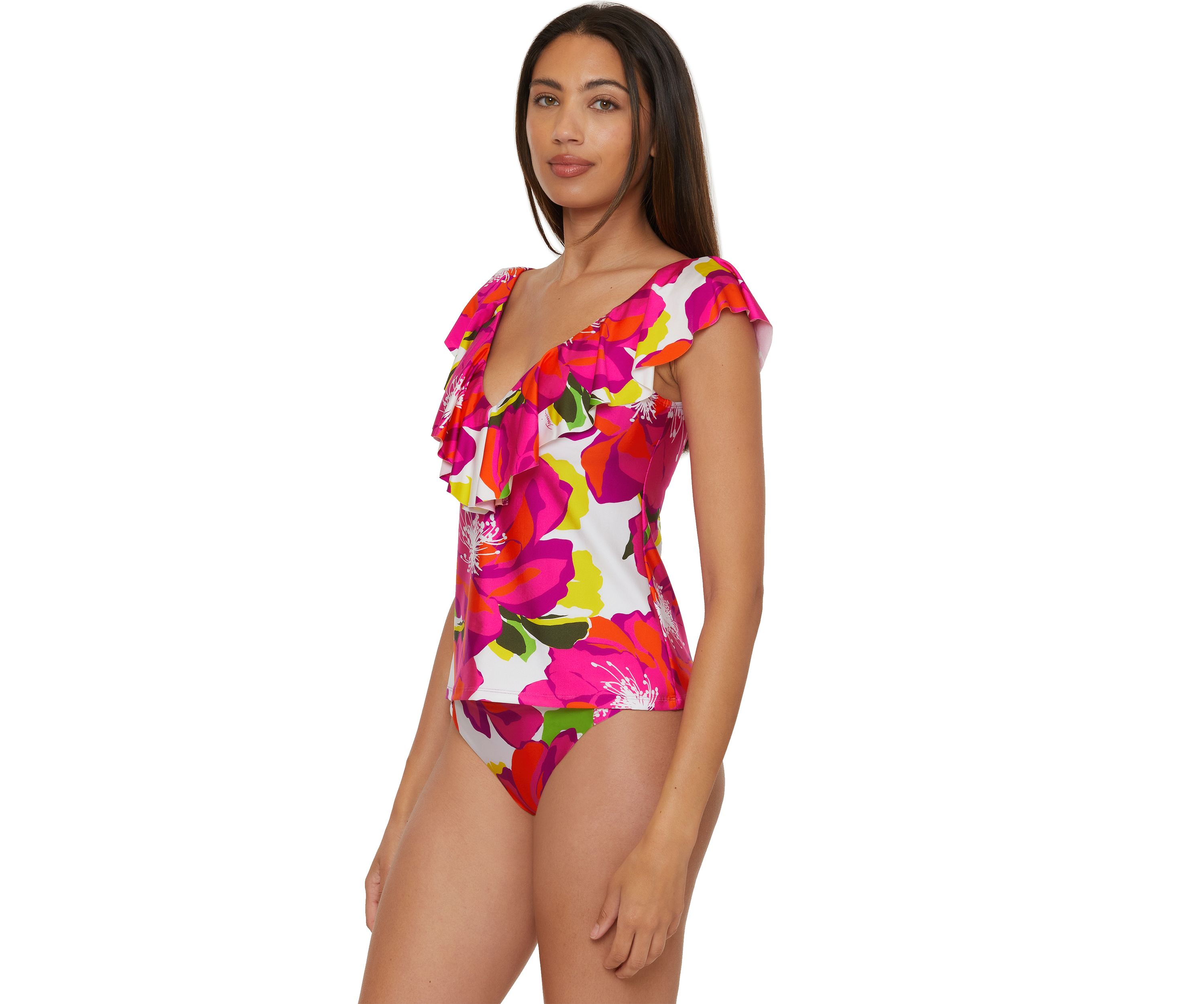 Bloom Ruffle Plunge Printed Tankini Swim Top