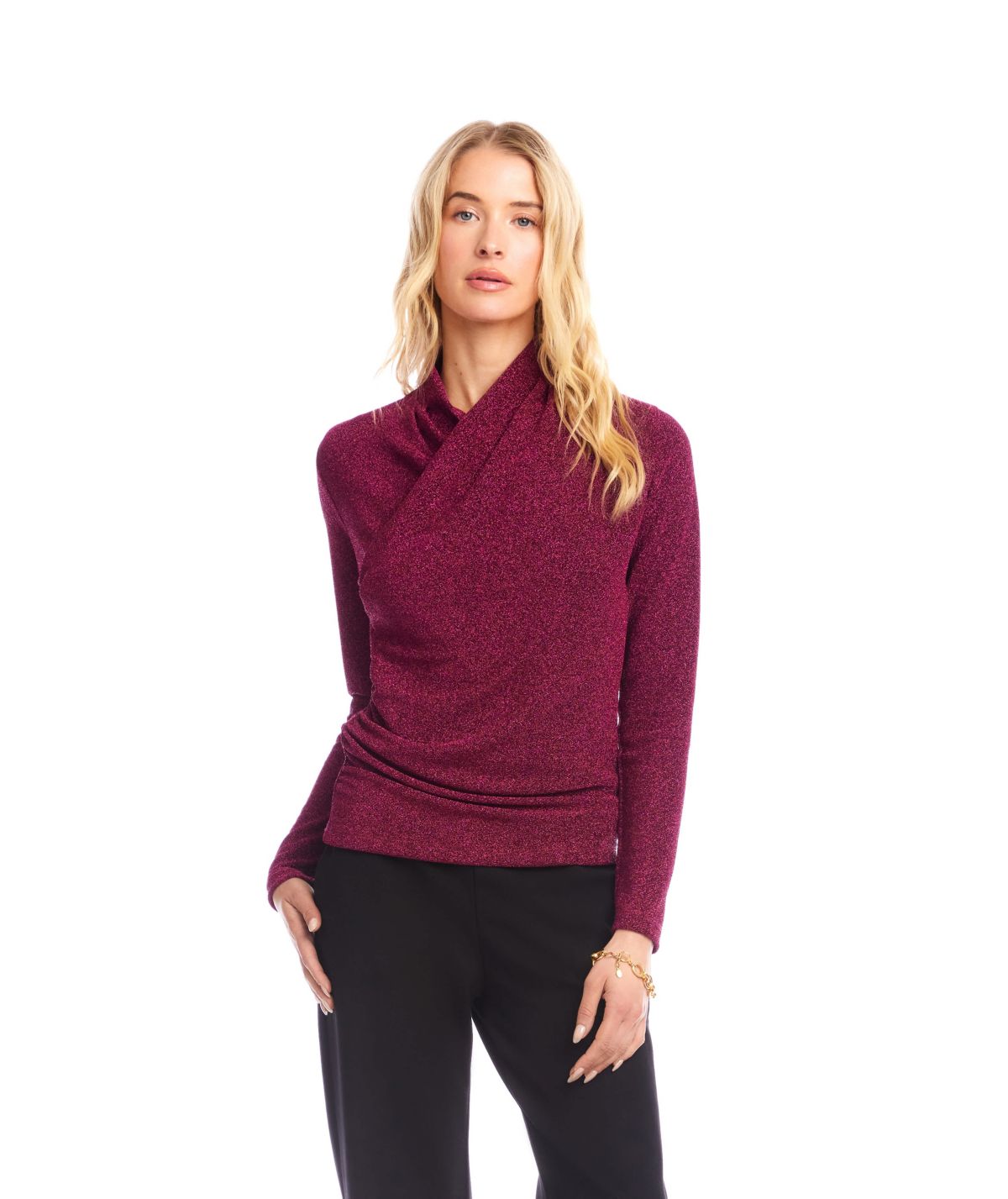 Long Sleeve Metallic Crossover Side-Shirred Top