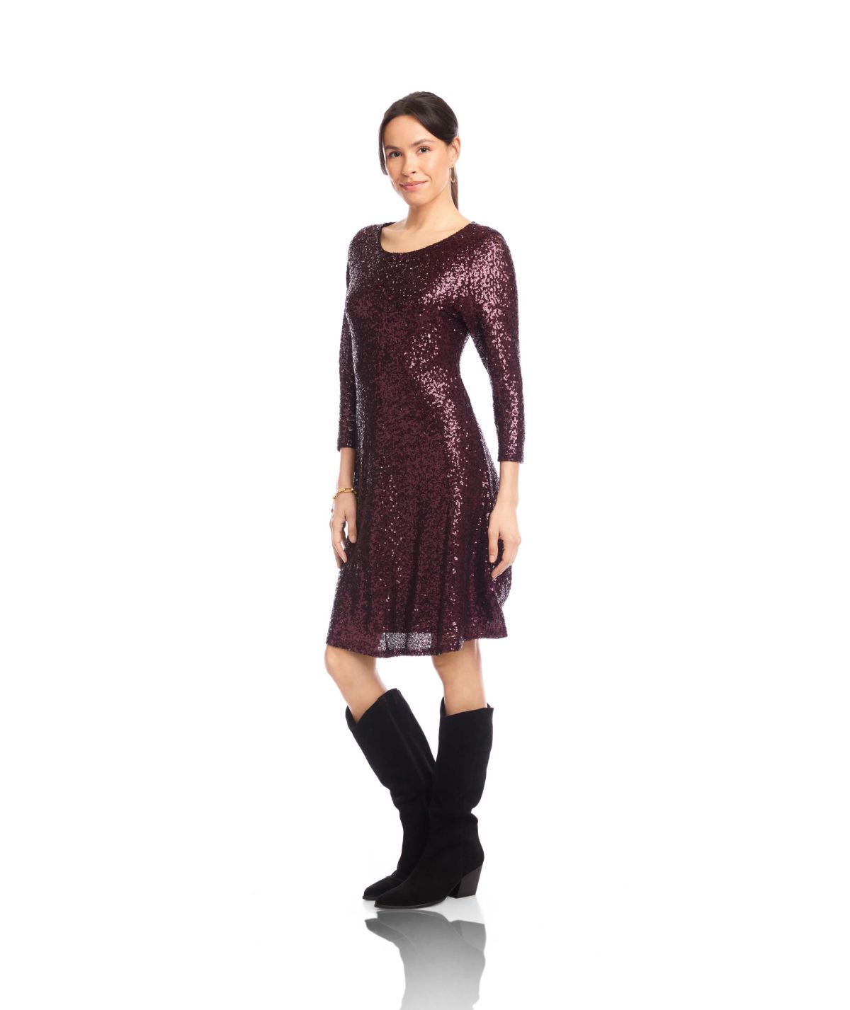 3/4 Sleeve Sequin Scoop Neck Fit & Flare Dress