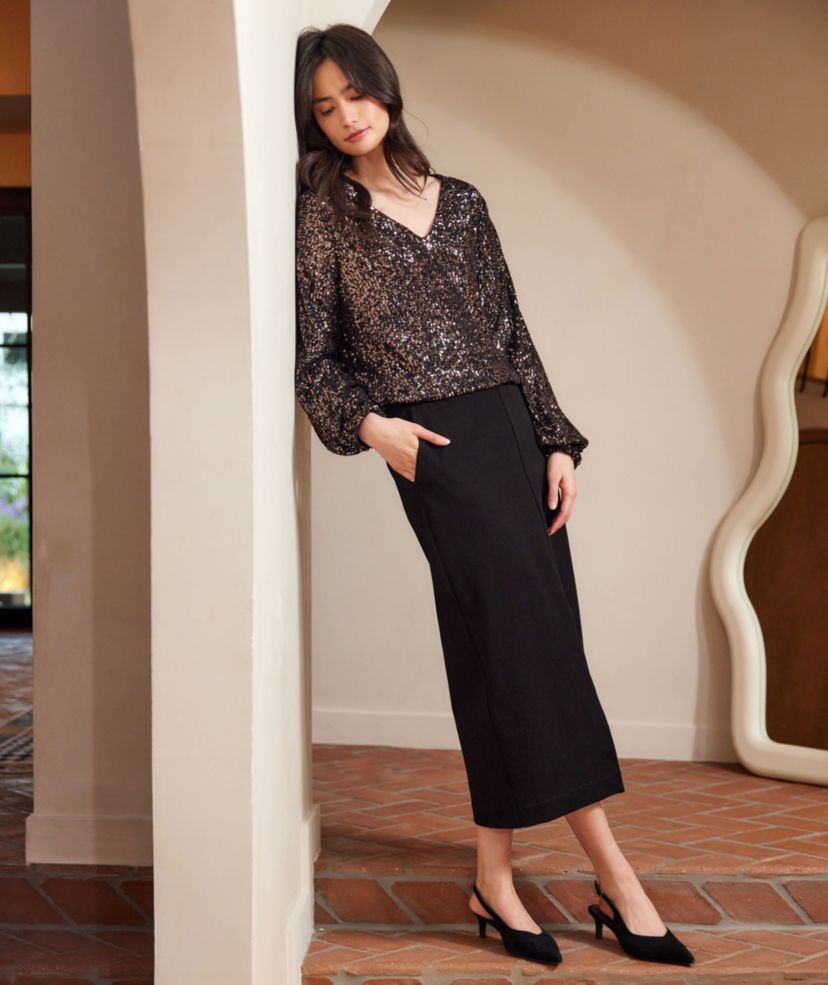Blouson Sleeve Sequin V-Neck Top