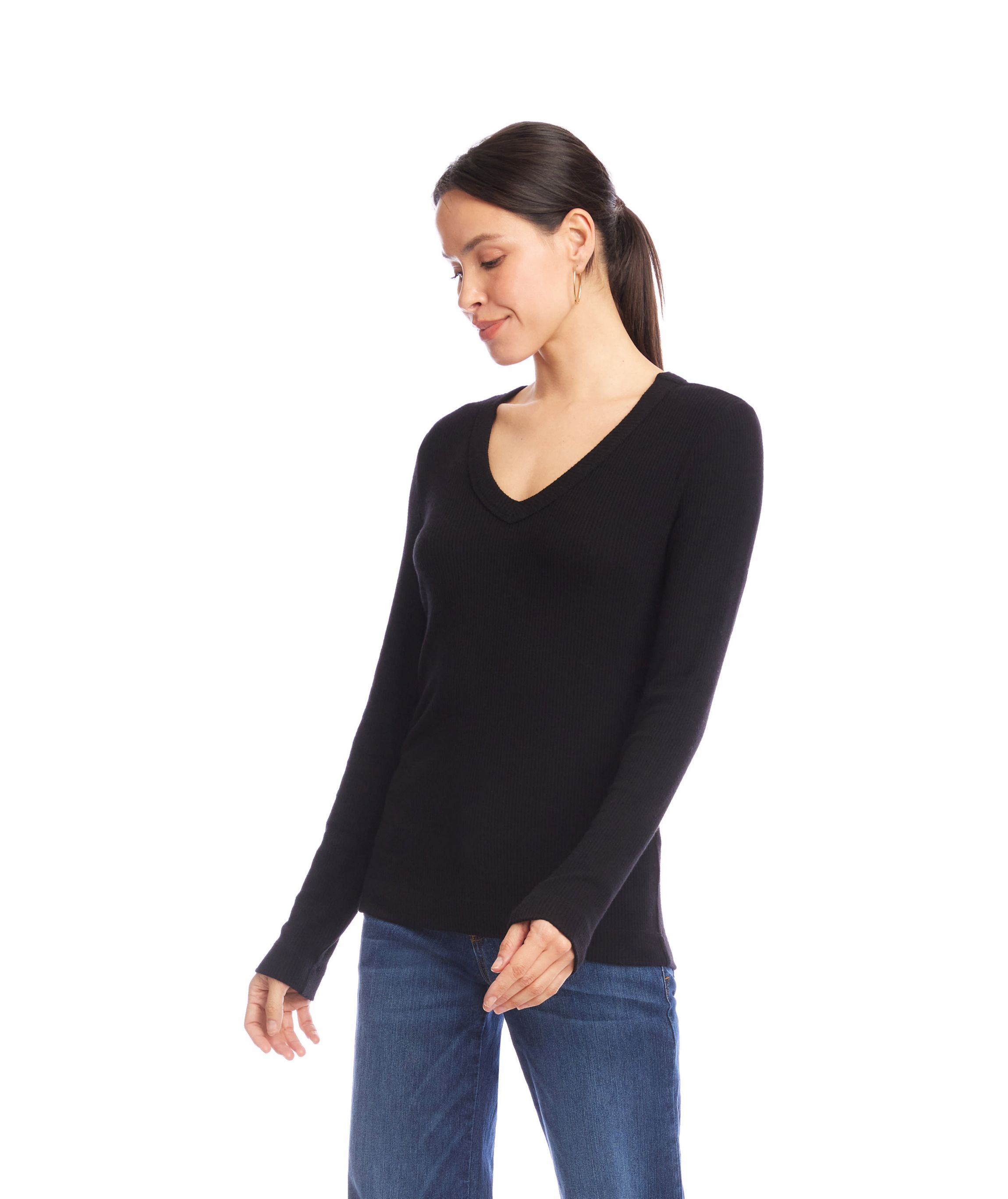 Long Sleeve Ribbed V-Neck Top