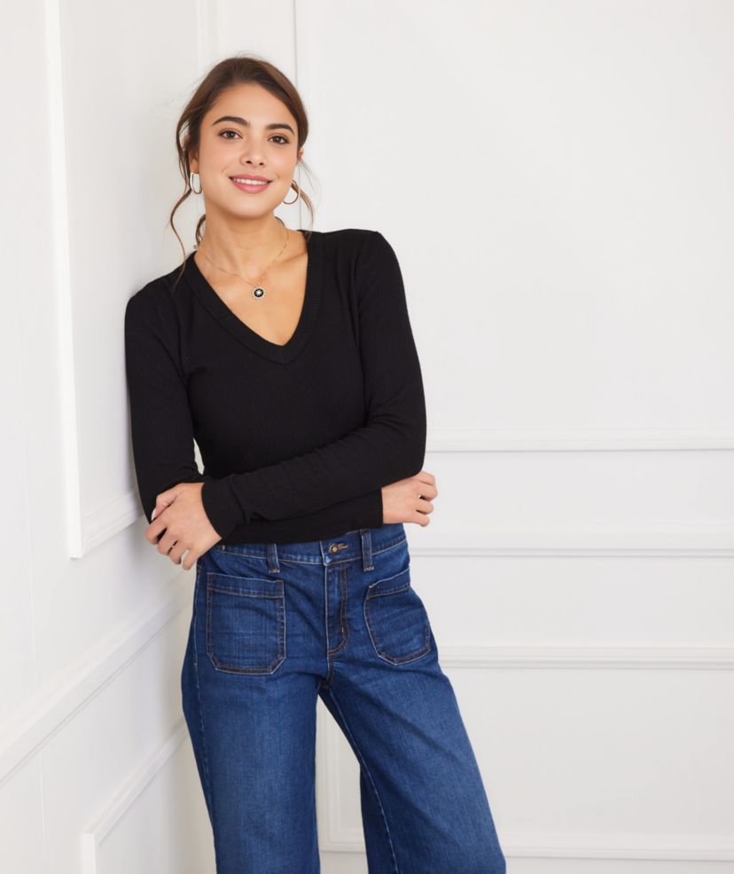 Long Sleeve Ribbed V-Neck Top