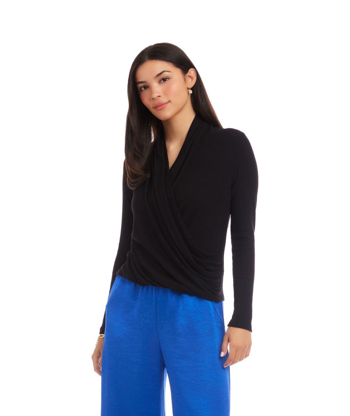 Long Sleeve Ribbed Drape Front Crossover Top