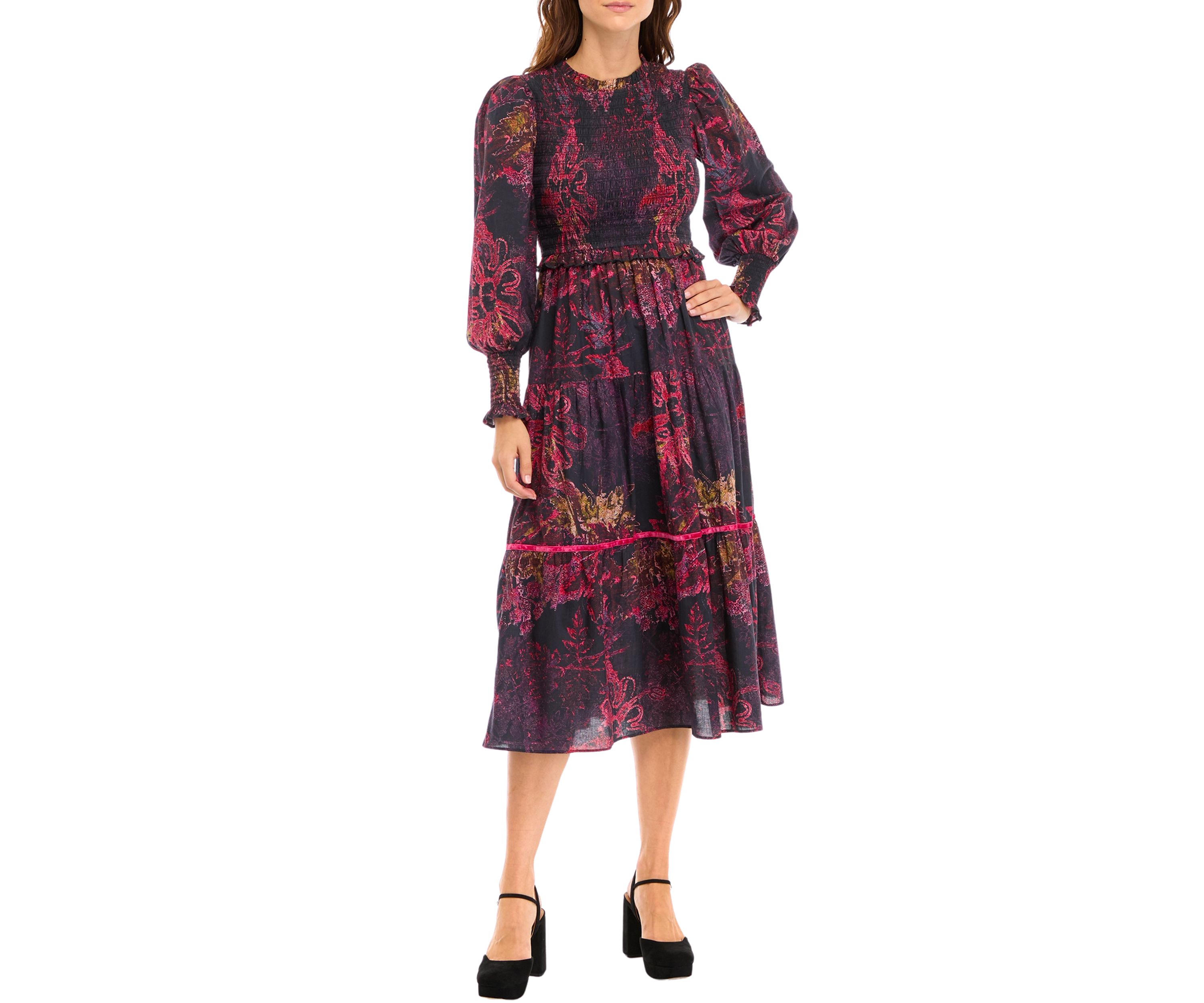 Womens Blouson Sleeve Printed Midi Dress