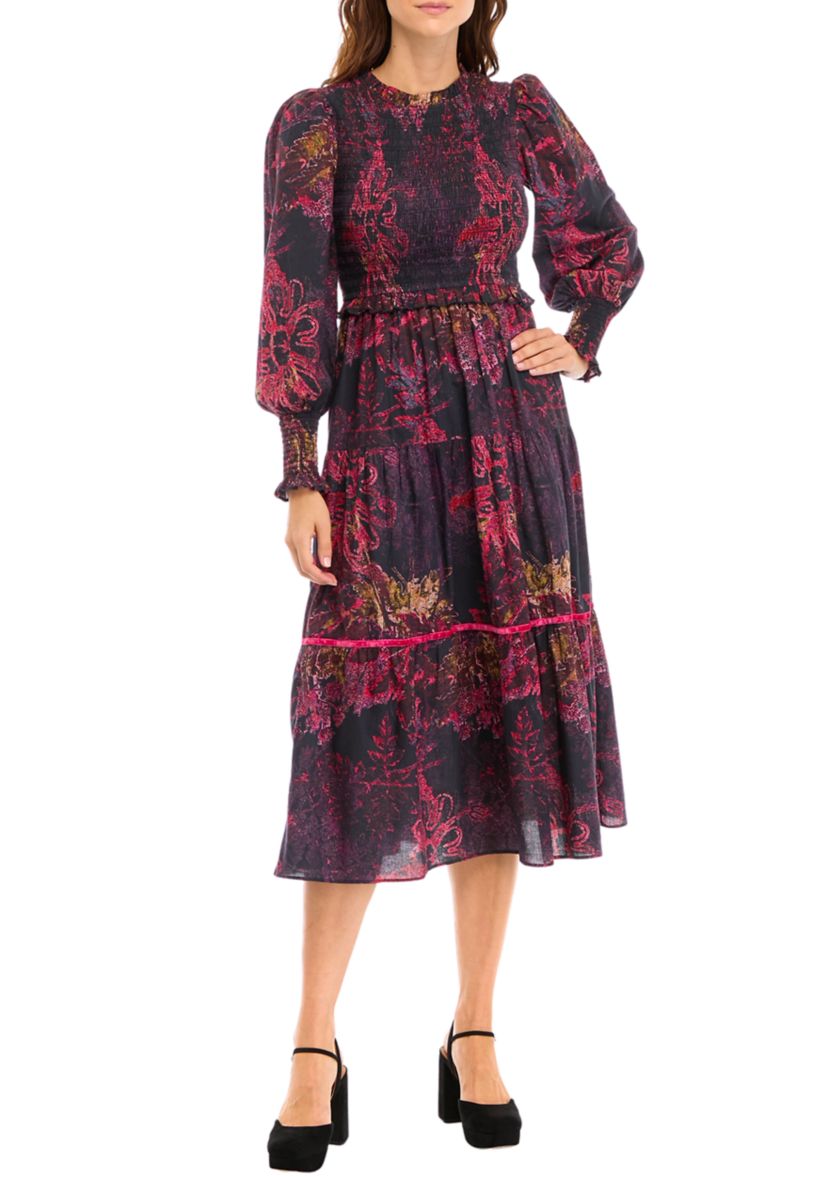 Womens Blouson Sleeve Printed Midi Dress