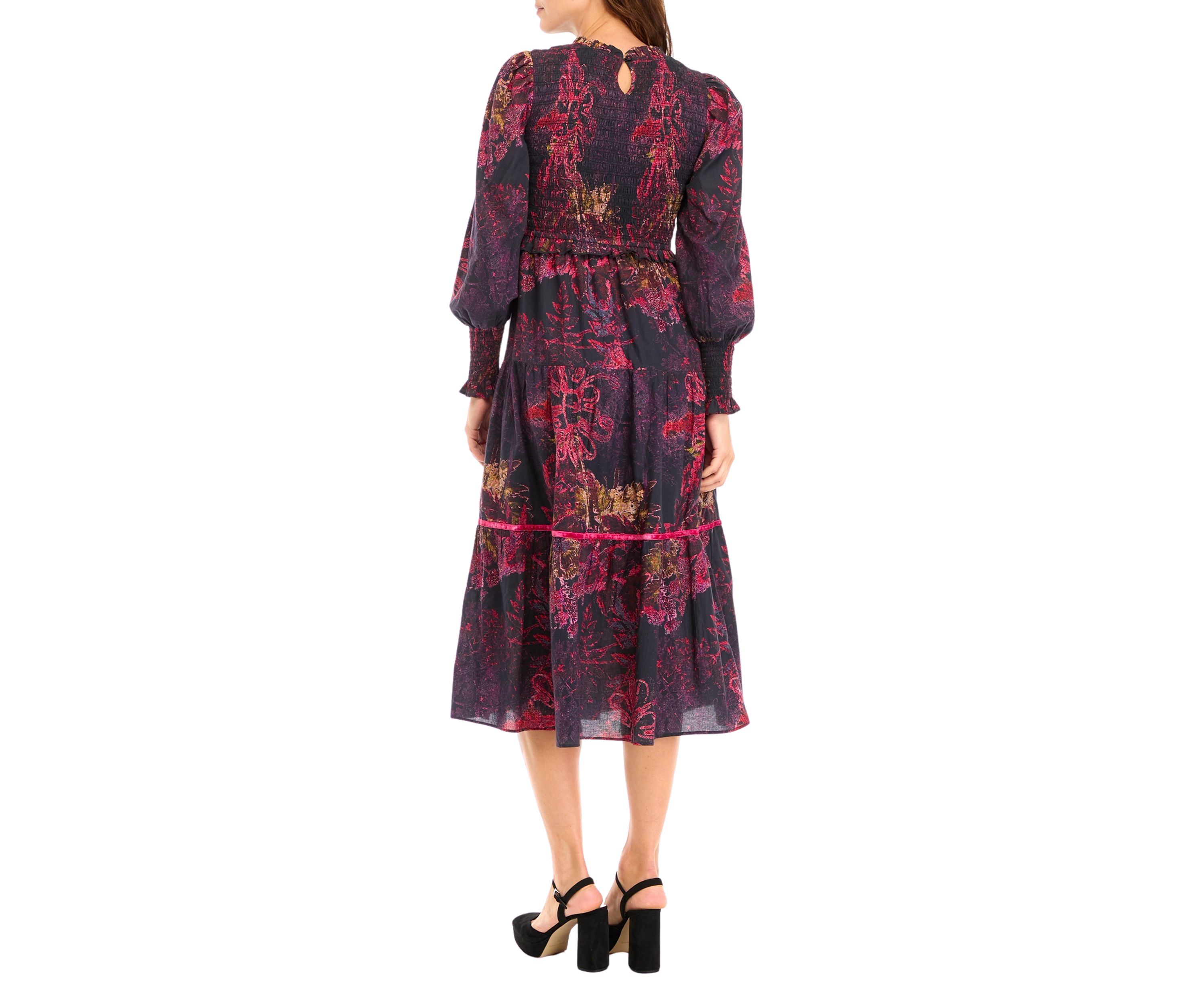 Womens Blouson Sleeve Printed Midi Dress