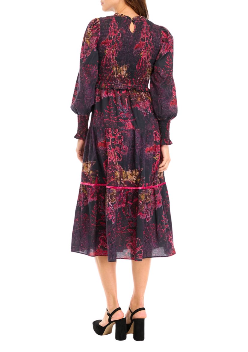 Womens Blouson Sleeve Printed Midi Dress