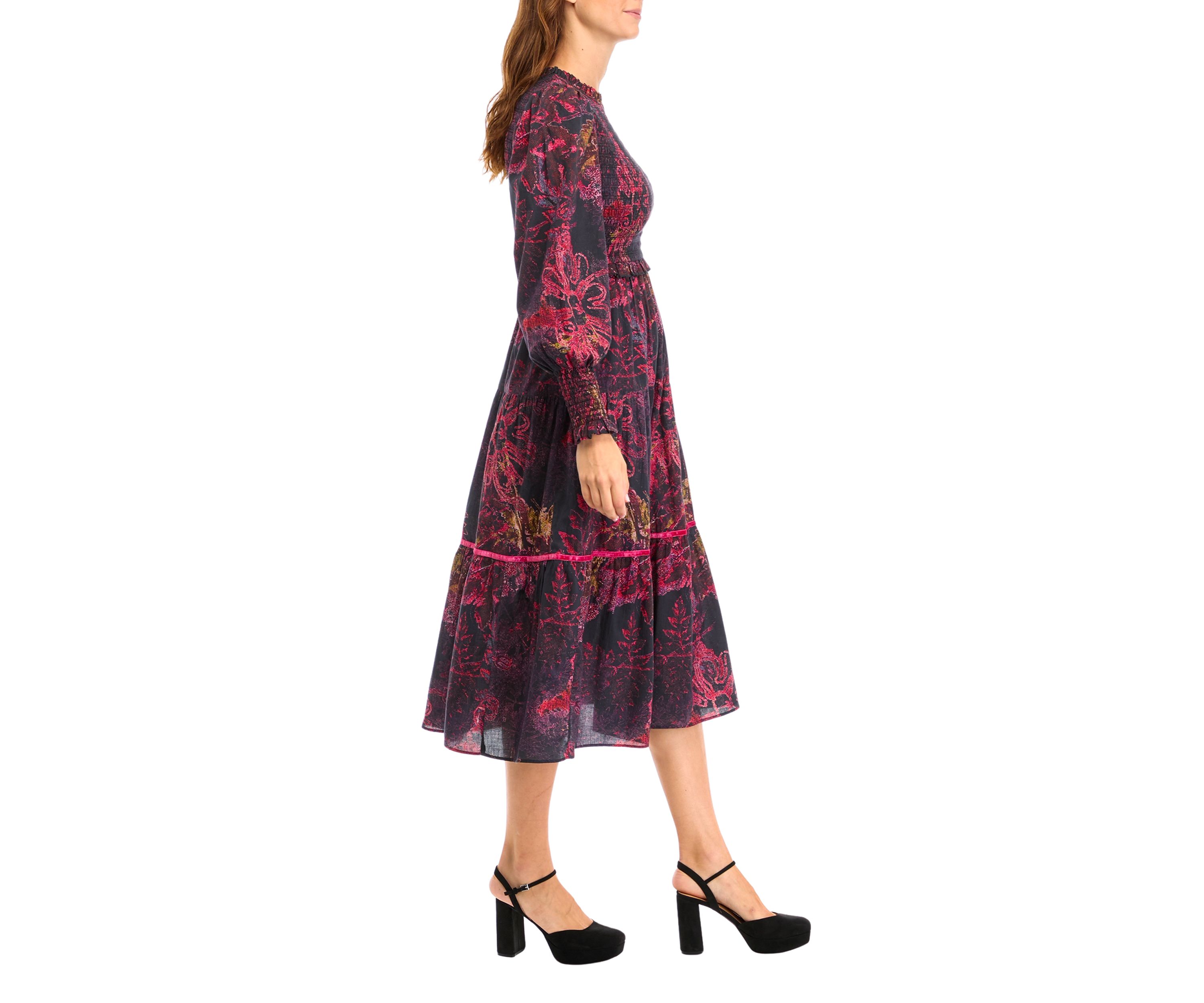 Womens Blouson Sleeve Printed Midi Dress