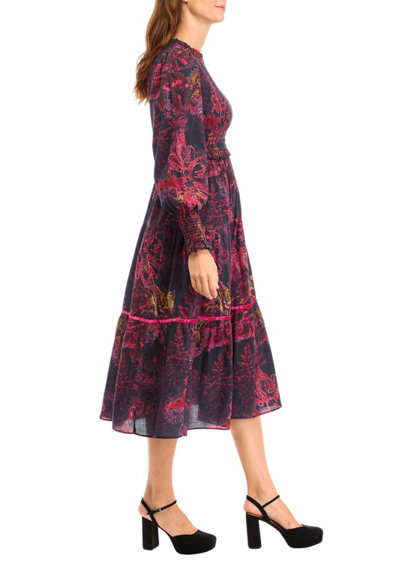 Womens Blouson Sleeve Printed Midi Dress