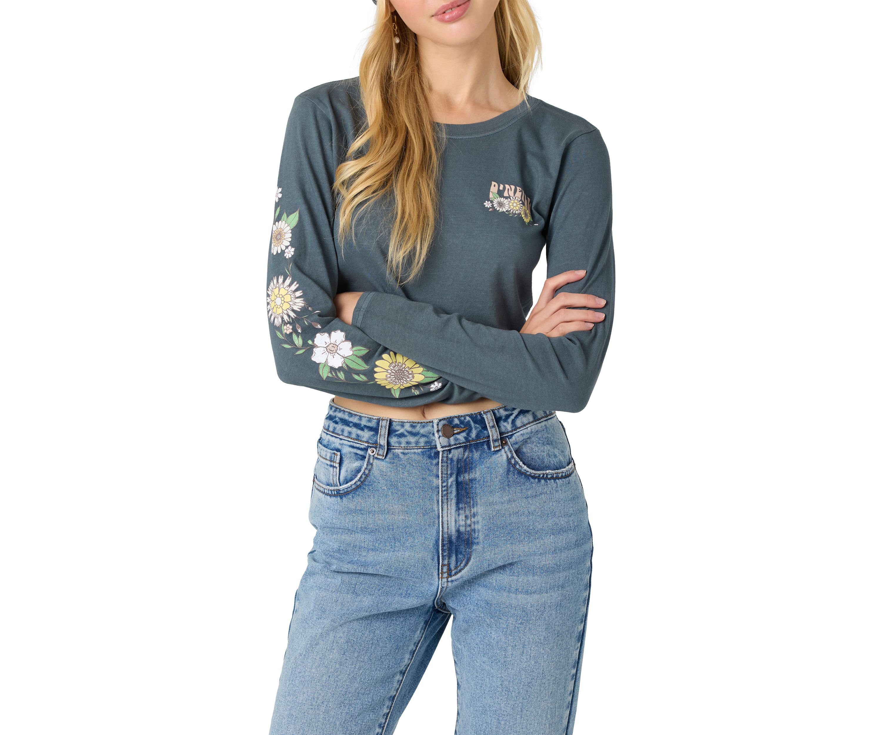 Womens Daisy Daze Printed Sleeve Croppped T-Shirt
