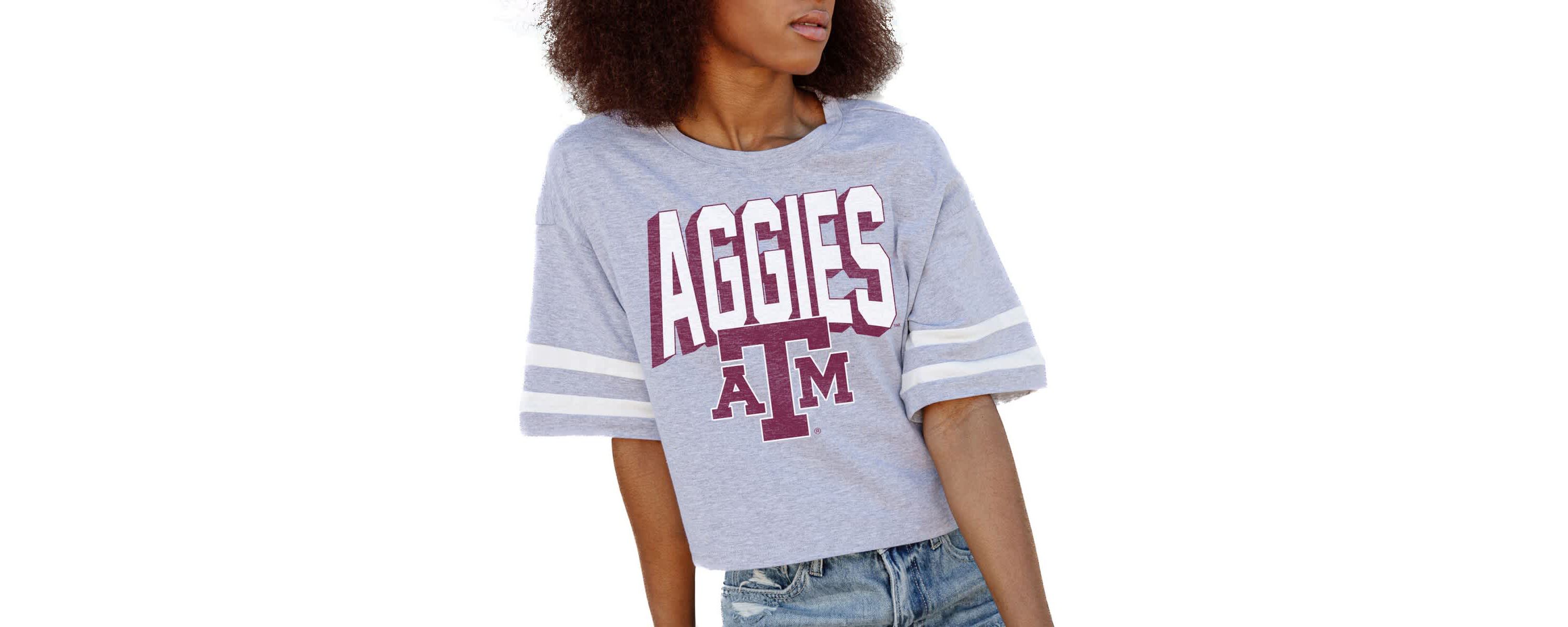 NCAA Texas A&M Aggies No Shortcuts Drop Shoulder Sleeve Stripe Cropped T-Shirt