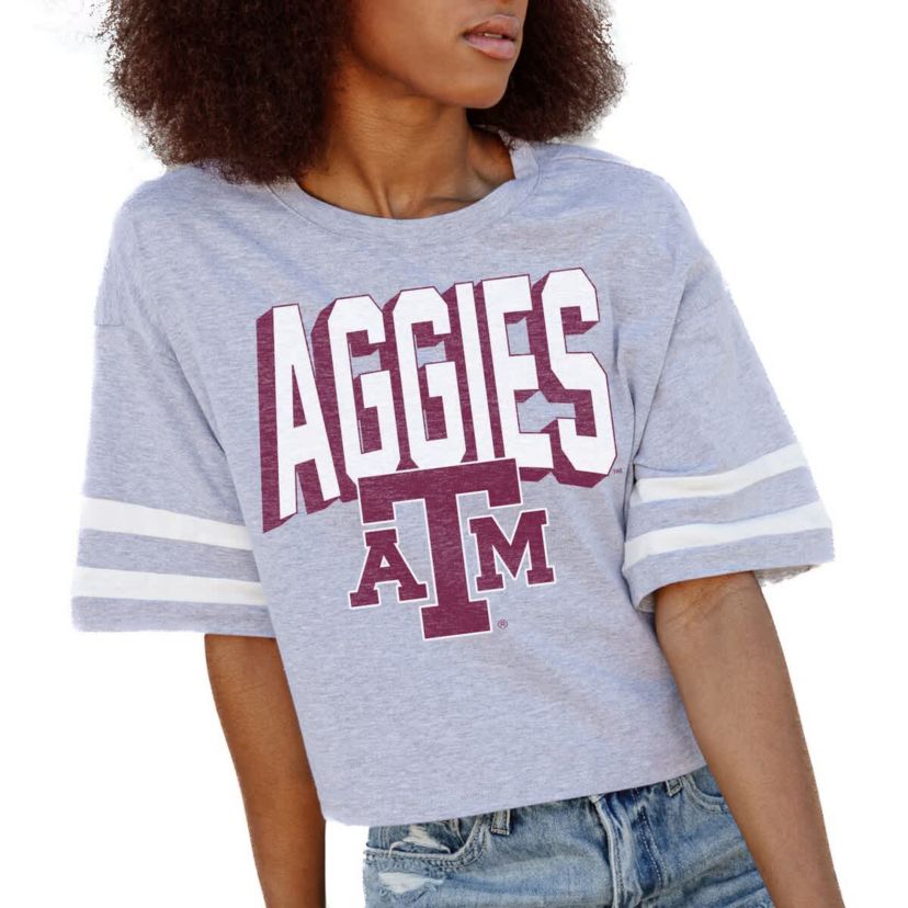 NCAA Texas A&M Aggies No Shortcuts Drop Shoulder Sleeve Stripe Cropped T-Shirt