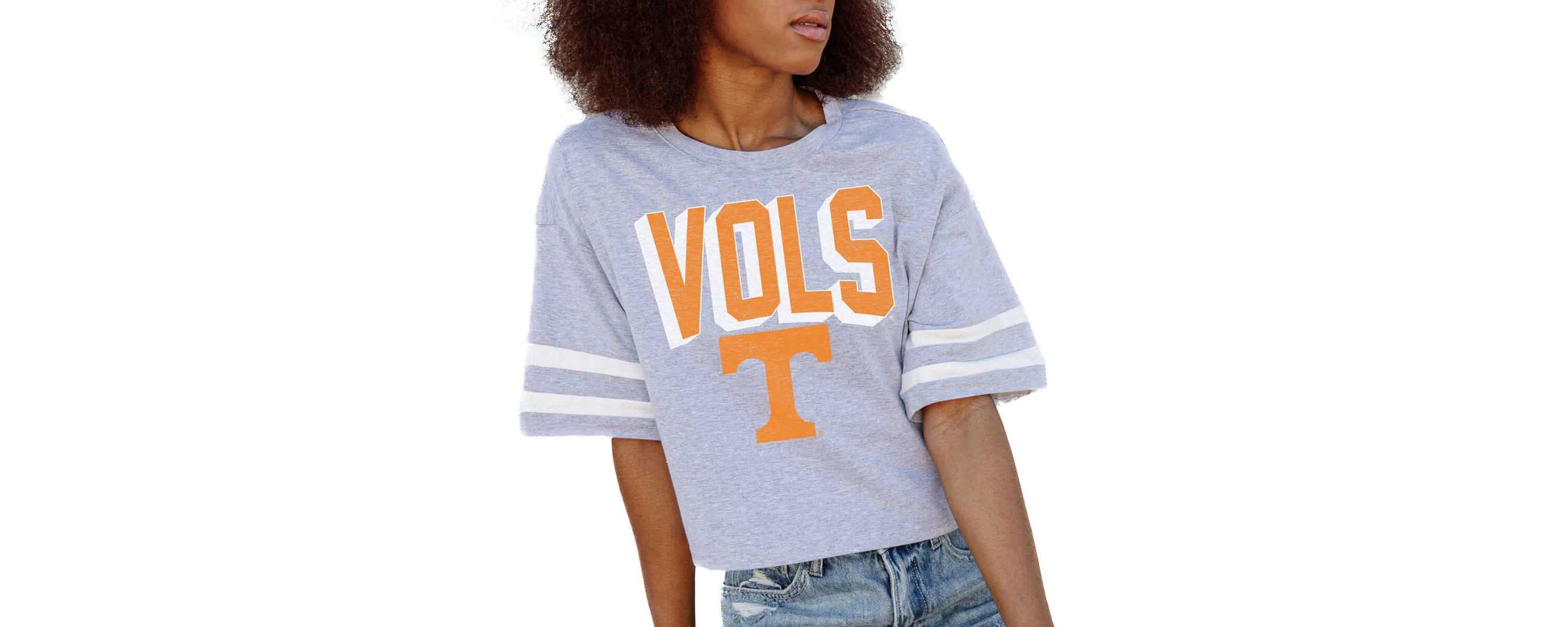 NCAA Tennessee Volunteers No Shortcuts Drop Shoulder Sleeve Stripe Cropped T-Shirt