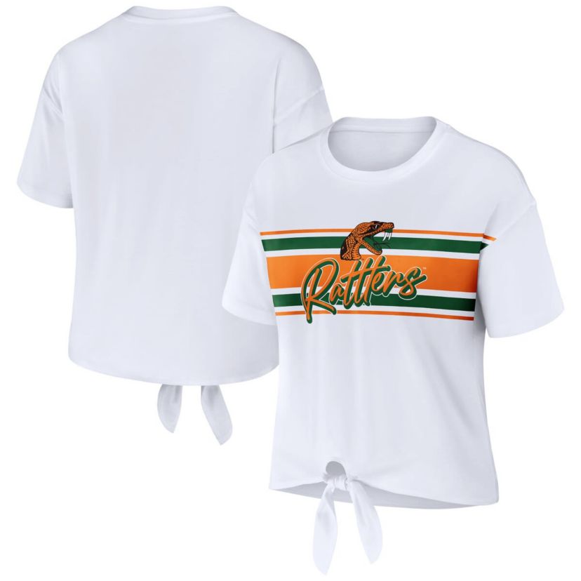NCAA Florida A&M Rattlers Striped Front Knot Cropped T-Shirt
