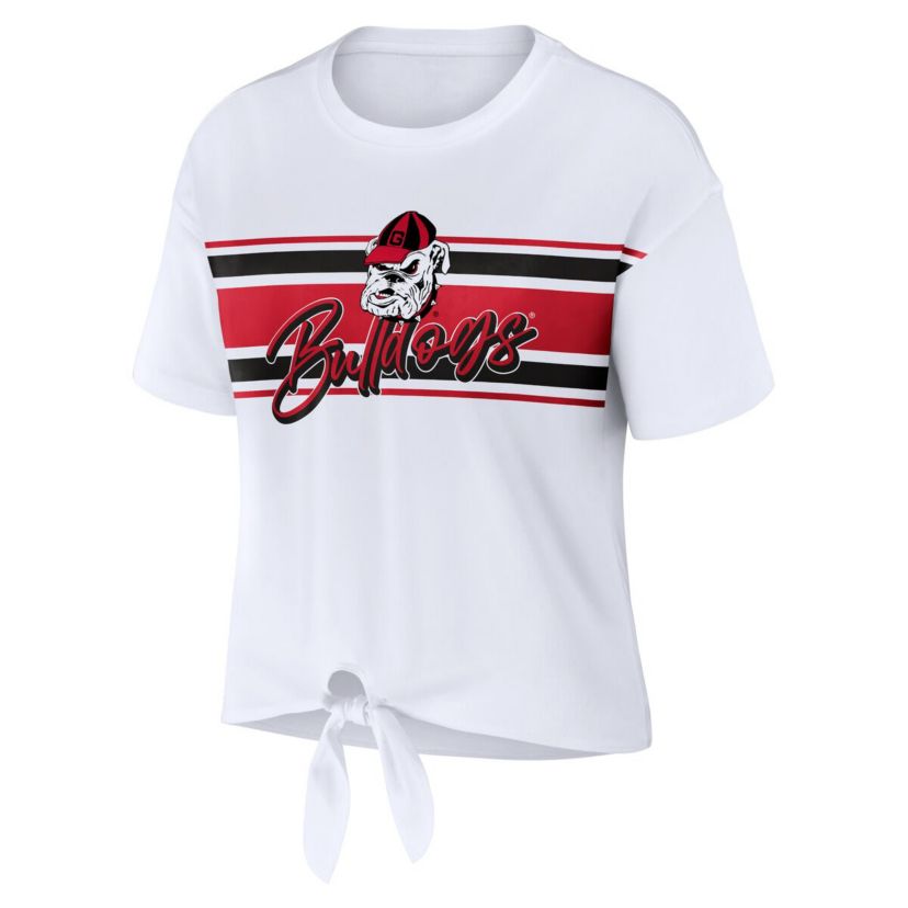 NCAA Georgia Bulldogs Striped Front Knot Cropped T-Shirt