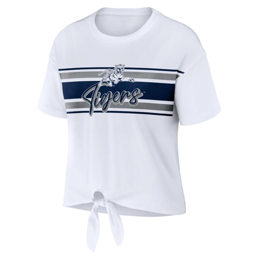 NCAA Jackson State Tigers Striped Front Knot Cropped T-Shirt