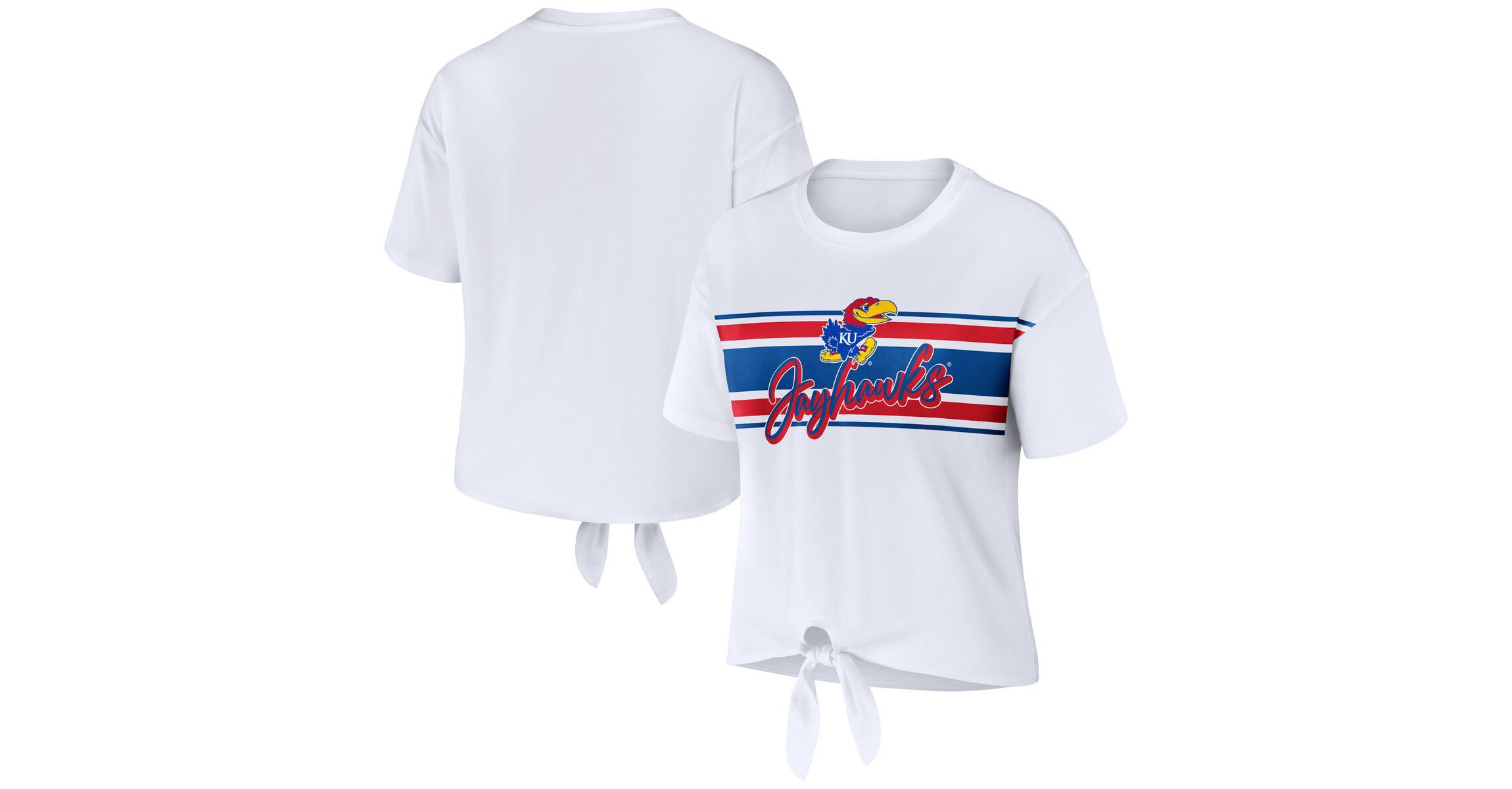 NCAA Kansas Jayhawks Striped Front Knot Cropped T-Shirt