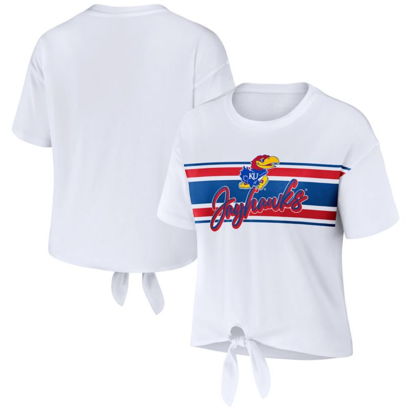 NCAA Kansas Jayhawks Striped Front Knot Cropped T-Shirt
