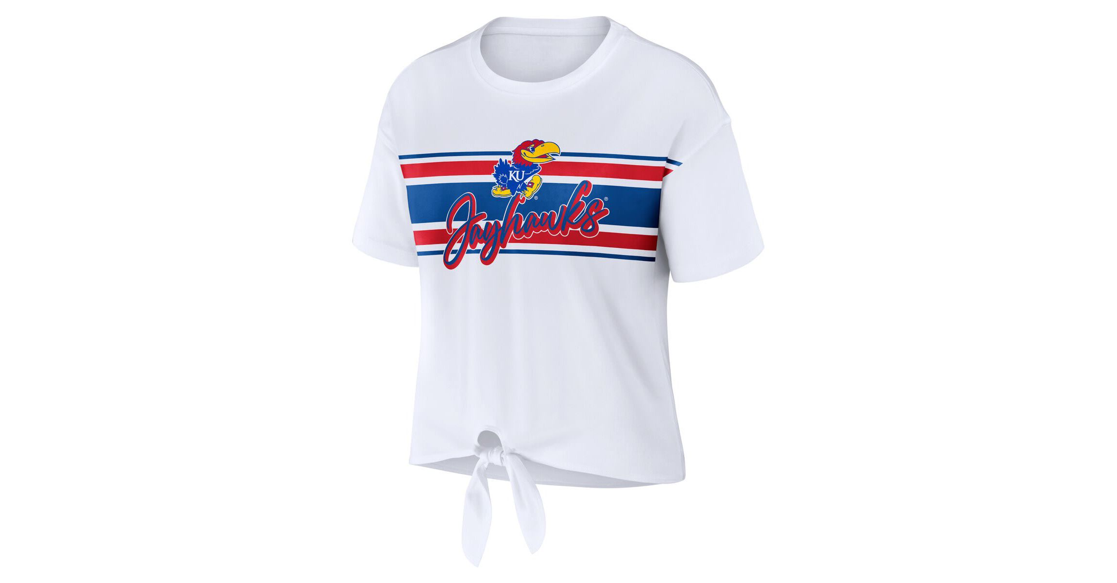 NCAA Kansas Jayhawks Striped Front Knot Cropped T-Shirt