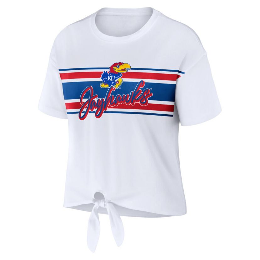 NCAA Kansas Jayhawks Striped Front Knot Cropped T-Shirt