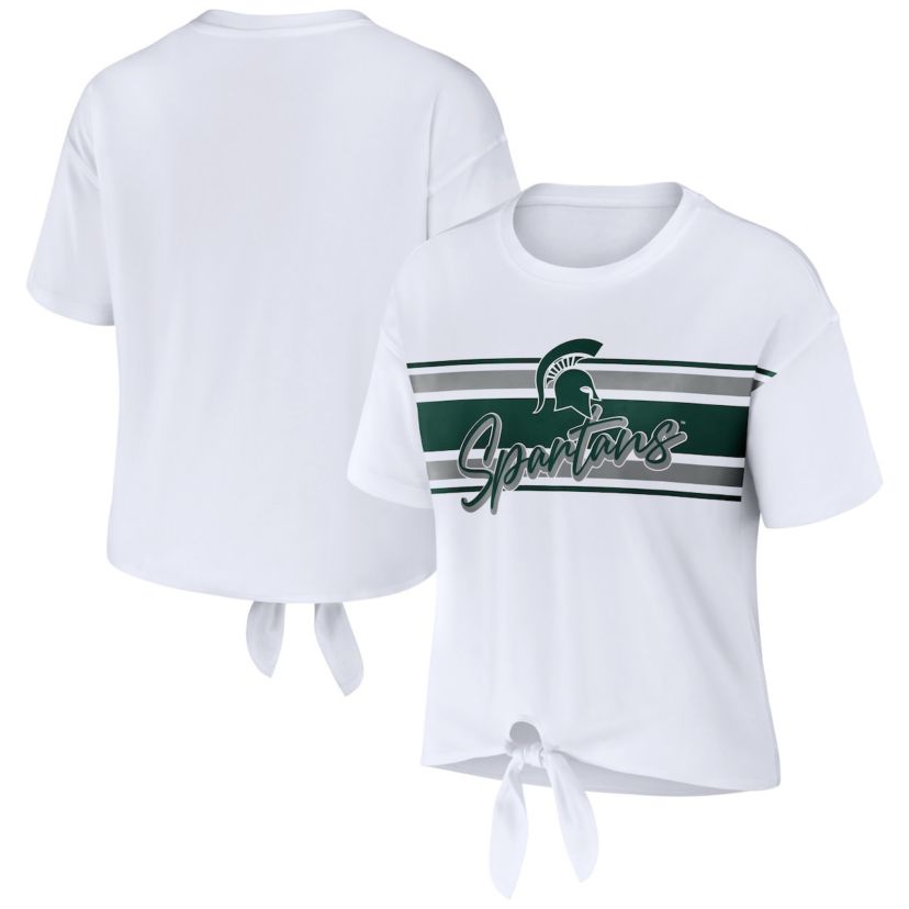 NCAA Michigan State Spartans Striped Front Knot Cropped T-Shirt