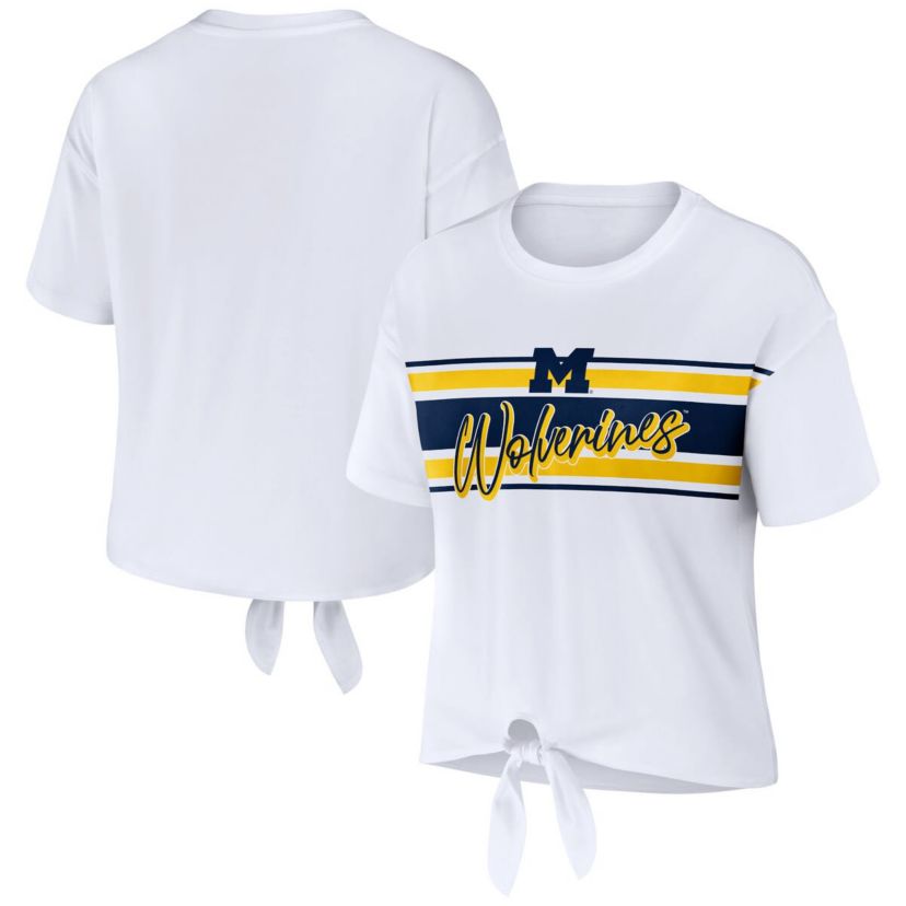 NCAA Michigan Wolverines Striped Front Knot Cropped T-Shirt