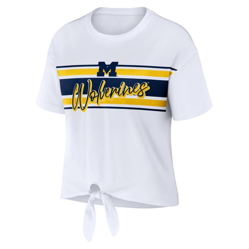 NCAA Michigan Wolverines Striped Front Knot Cropped T-Shirt