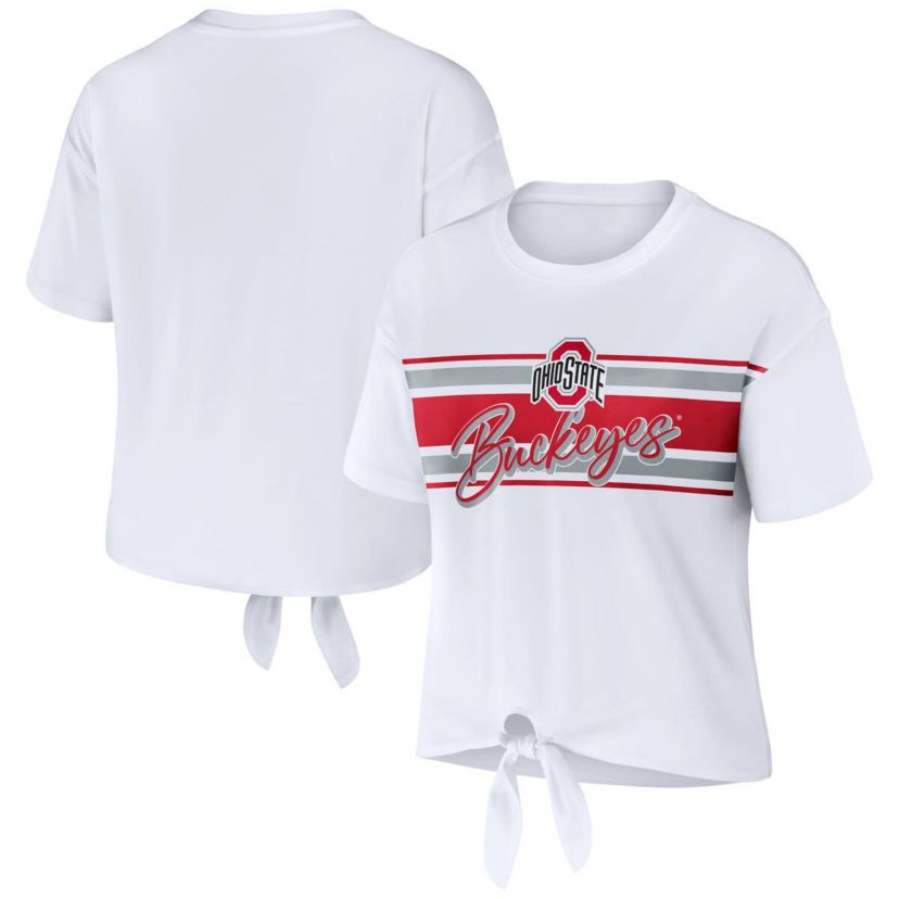 NCAA Ohio State Buckeyes Striped Front Knot Cropped T-Shirt