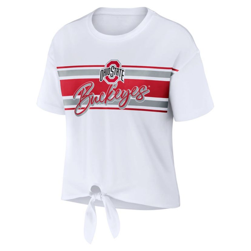NCAA Ohio State Buckeyes Striped Front Knot Cropped T-Shirt