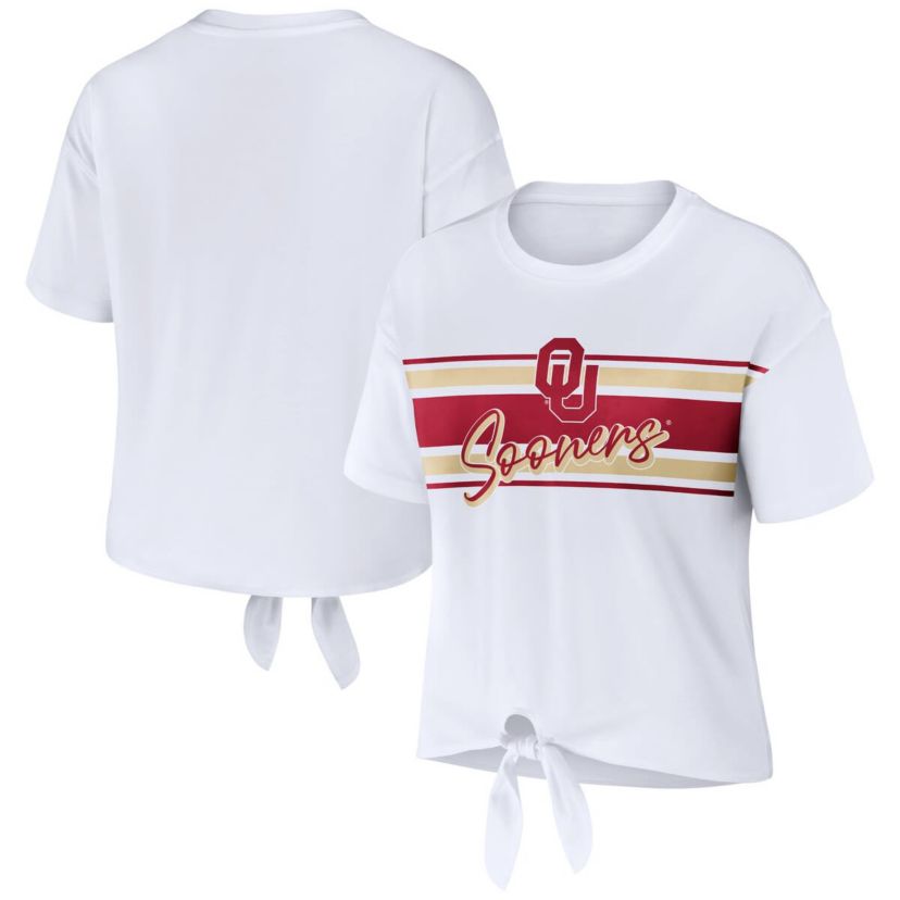 NCAA Oklahoma Sooners Striped Front Knot Cropped T-Shirt