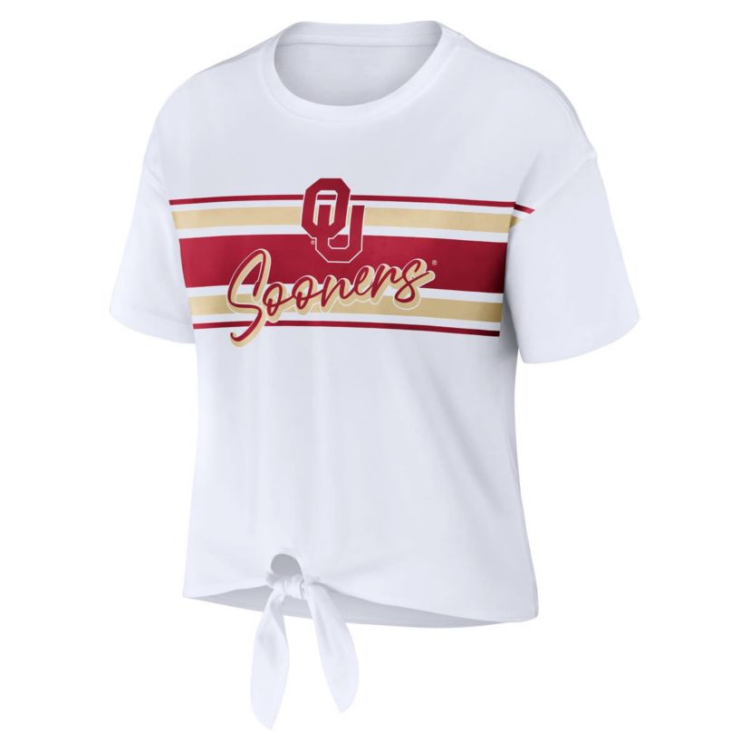 NCAA Oklahoma Sooners Striped Front Knot Cropped T-Shirt
