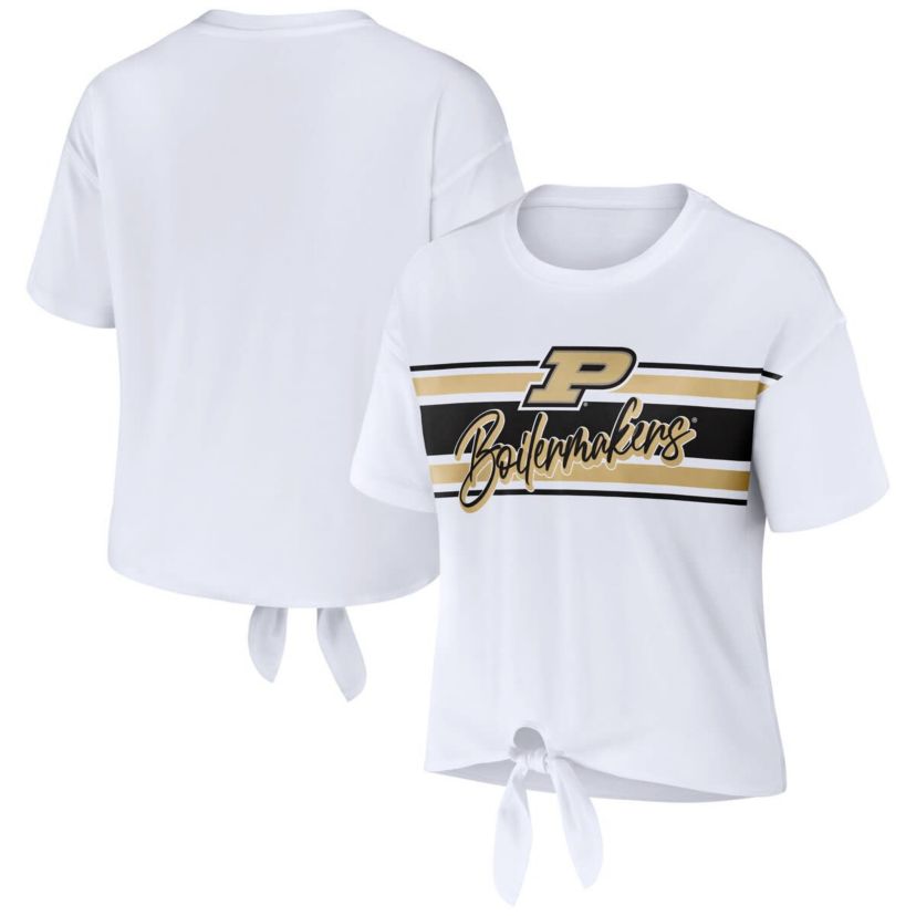 NCAA Purdue Boilermakers Striped Front Knot Cropped T-Shirt