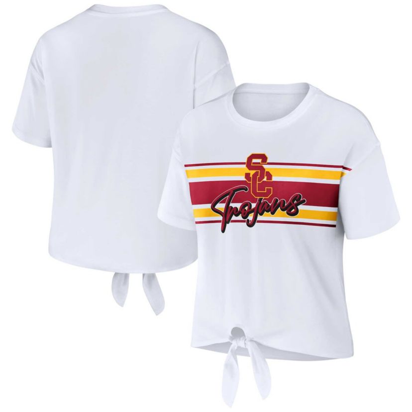 NCAA USC Trojans Striped Front Knot Cropped T-Shirt