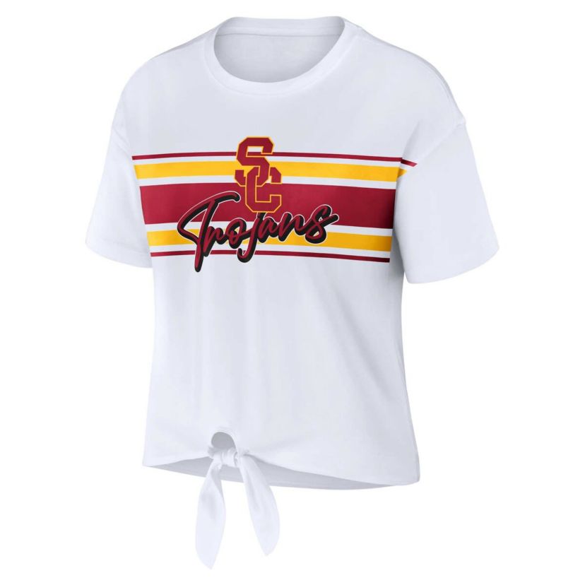 NCAA USC Trojans Striped Front Knot Cropped T-Shirt