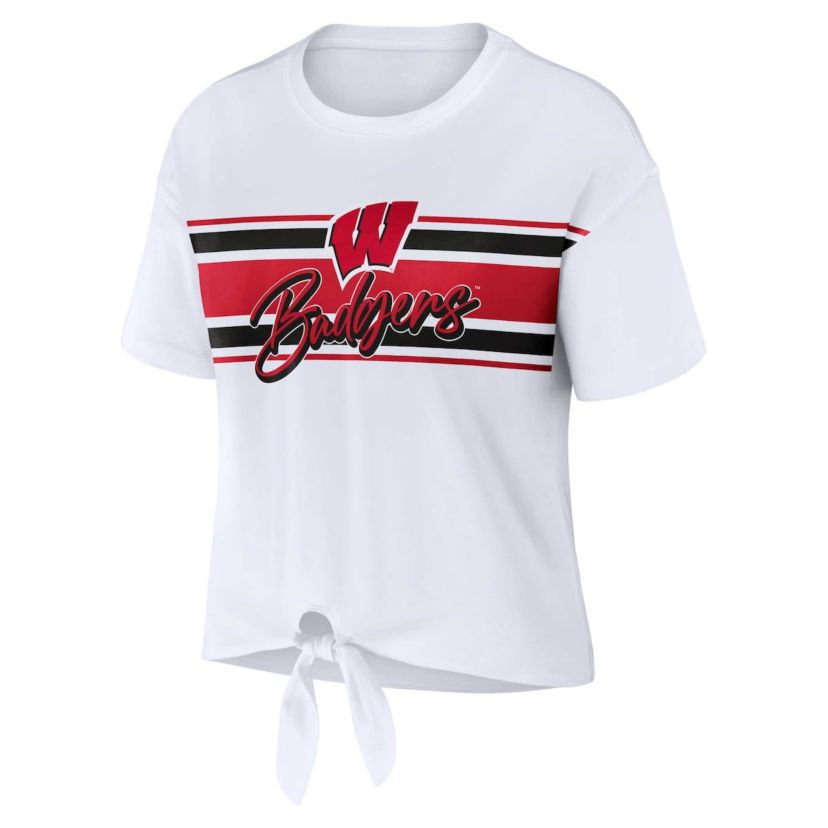 NCAA Wisconsin Badgers Striped Front Knot Cropped T-Shirt