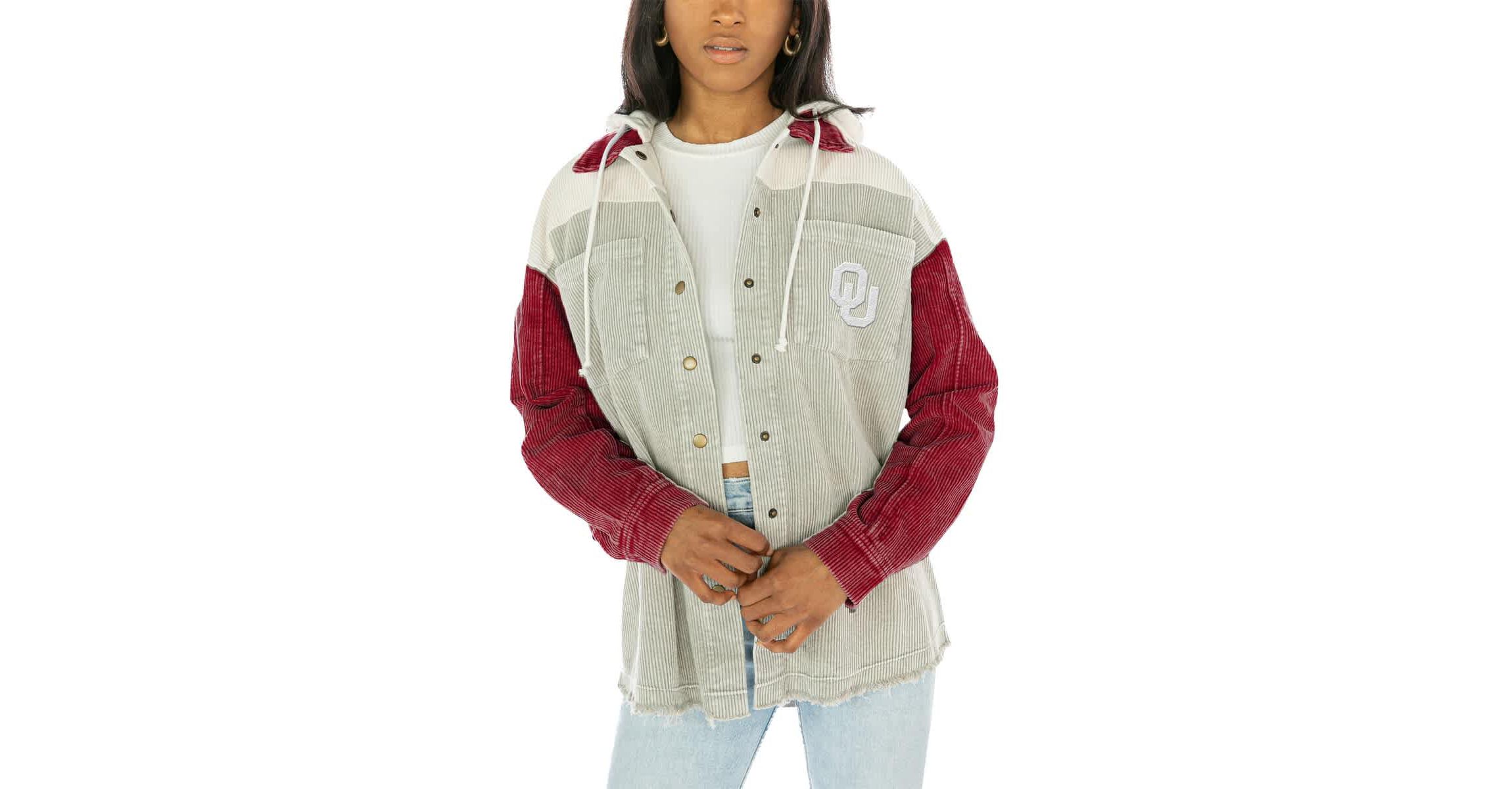 NCAA Oklahoma Sooners Vintage Wash Corduroy Full-Snap Hooded Shacket