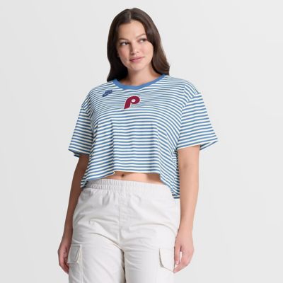 MLB Nike Light Blue/Cream Philadelphia Phillies Cooperstown Collection Striped Cropped T-Shirt, Light Blue, XL