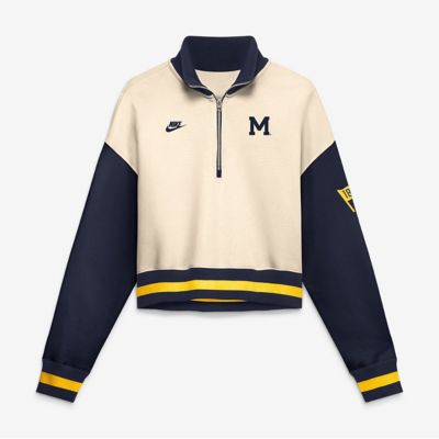 NCAA Nike Natural/Navy Michigan Wolverines Oversized Legacy Color Block Cropped Quarter-Zip Pullover