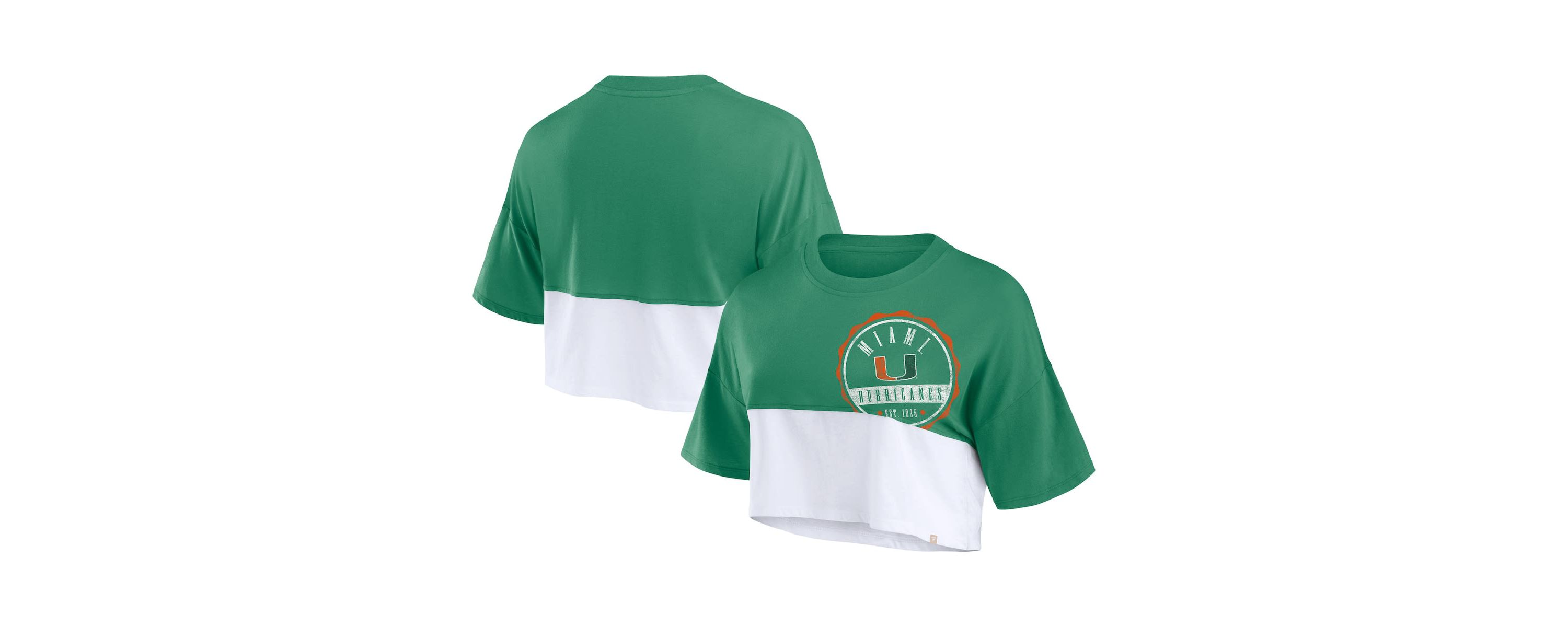 Miami (FL) Hurricanes NCAA Fanatics Miami Hurricanes Oversized Badge Colorblock Cropped T-Shirt