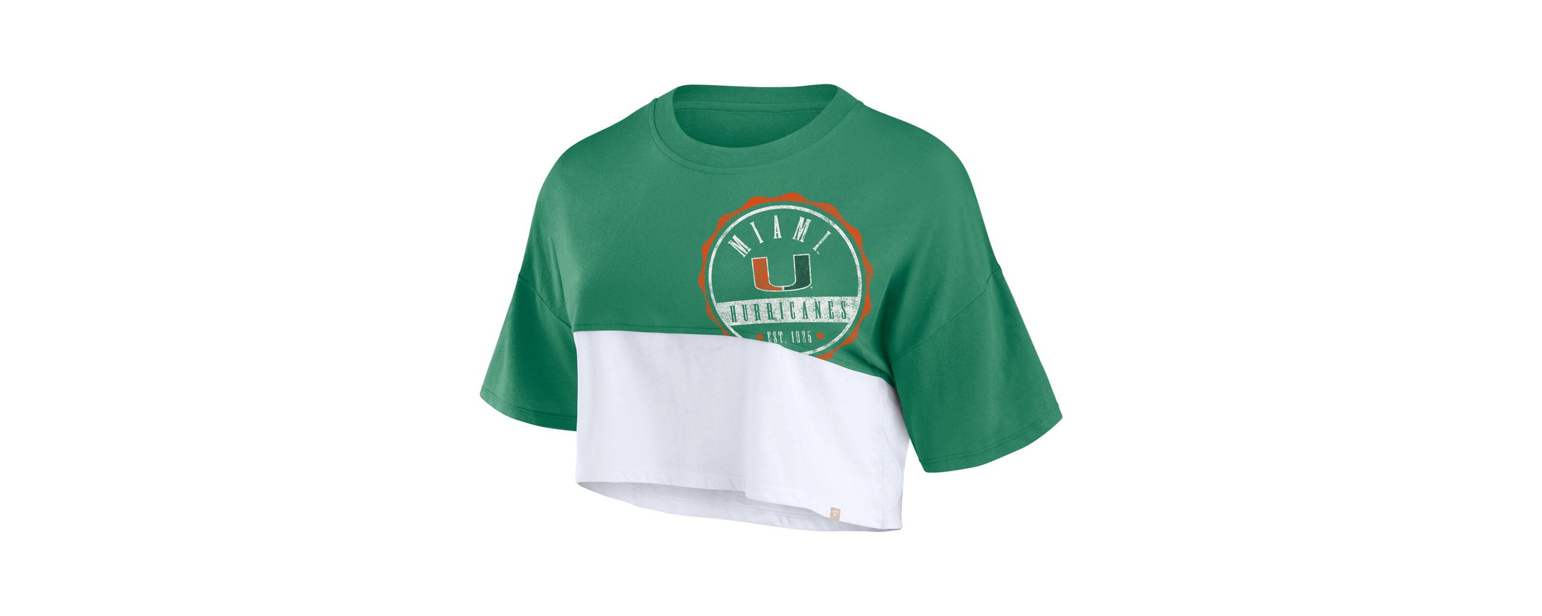 Miami (FL) Hurricanes NCAA Fanatics Miami Hurricanes Oversized Badge Colorblock Cropped T-Shirt