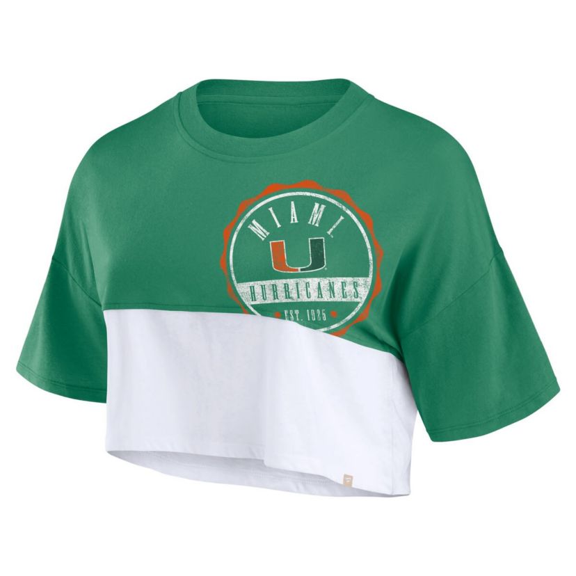 Miami (FL) Hurricanes NCAA Fanatics Miami Hurricanes Oversized Badge Colorblock Cropped T-Shirt