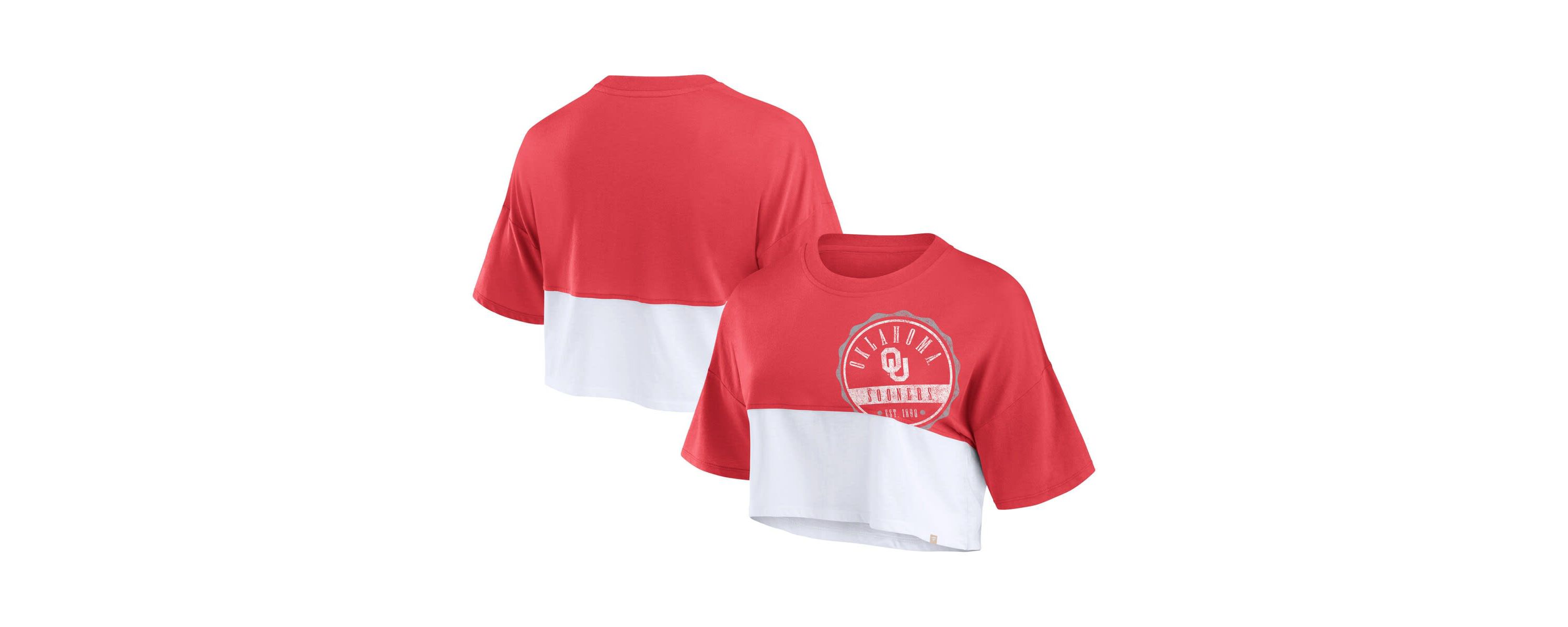 NCAA Fanatics Oklahoma Sooners Oversized Badge Colorblock Cropped T-Shirt