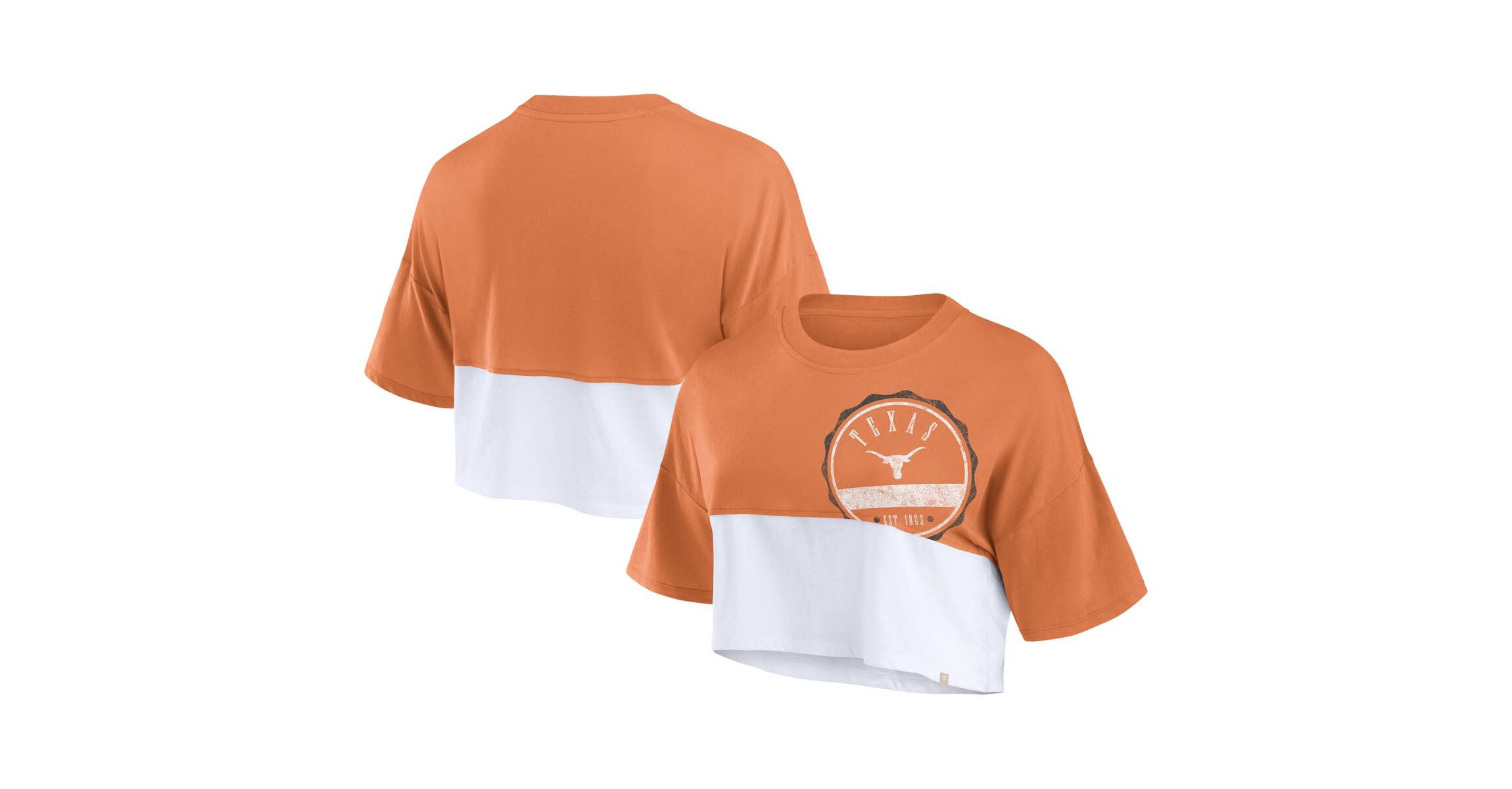 NCAA Fanatics Texas Texas Longhorns Oversized Badge Colorblock Cropped T-Shirt