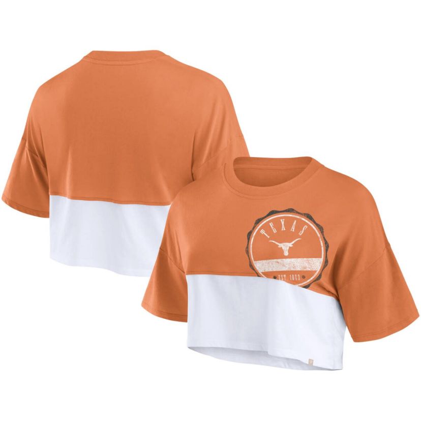 NCAA Fanatics Texas Texas Longhorns Oversized Badge Colorblock Cropped T-Shirt