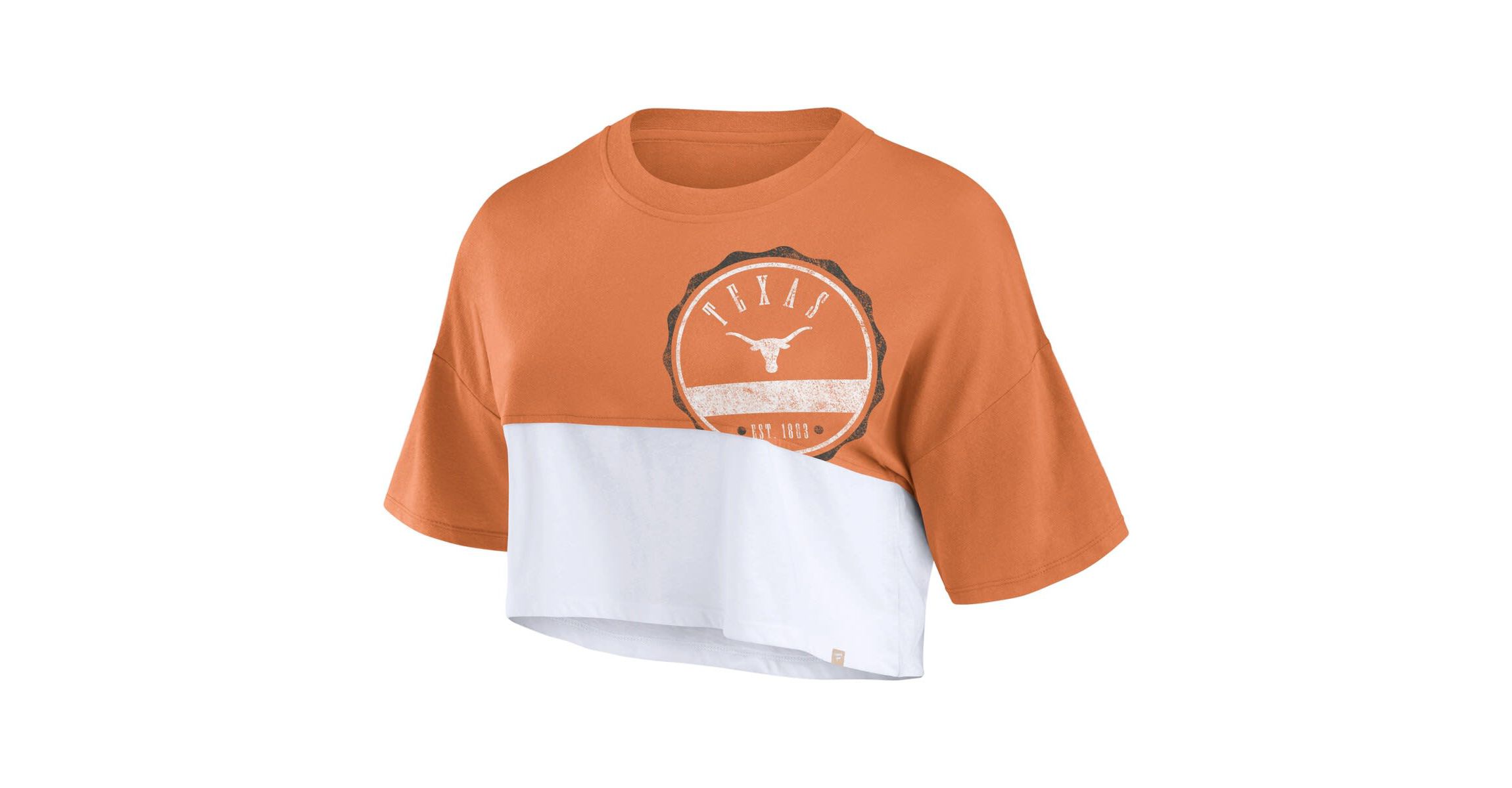 NCAA Fanatics Texas Texas Longhorns Oversized Badge Colorblock Cropped T-Shirt